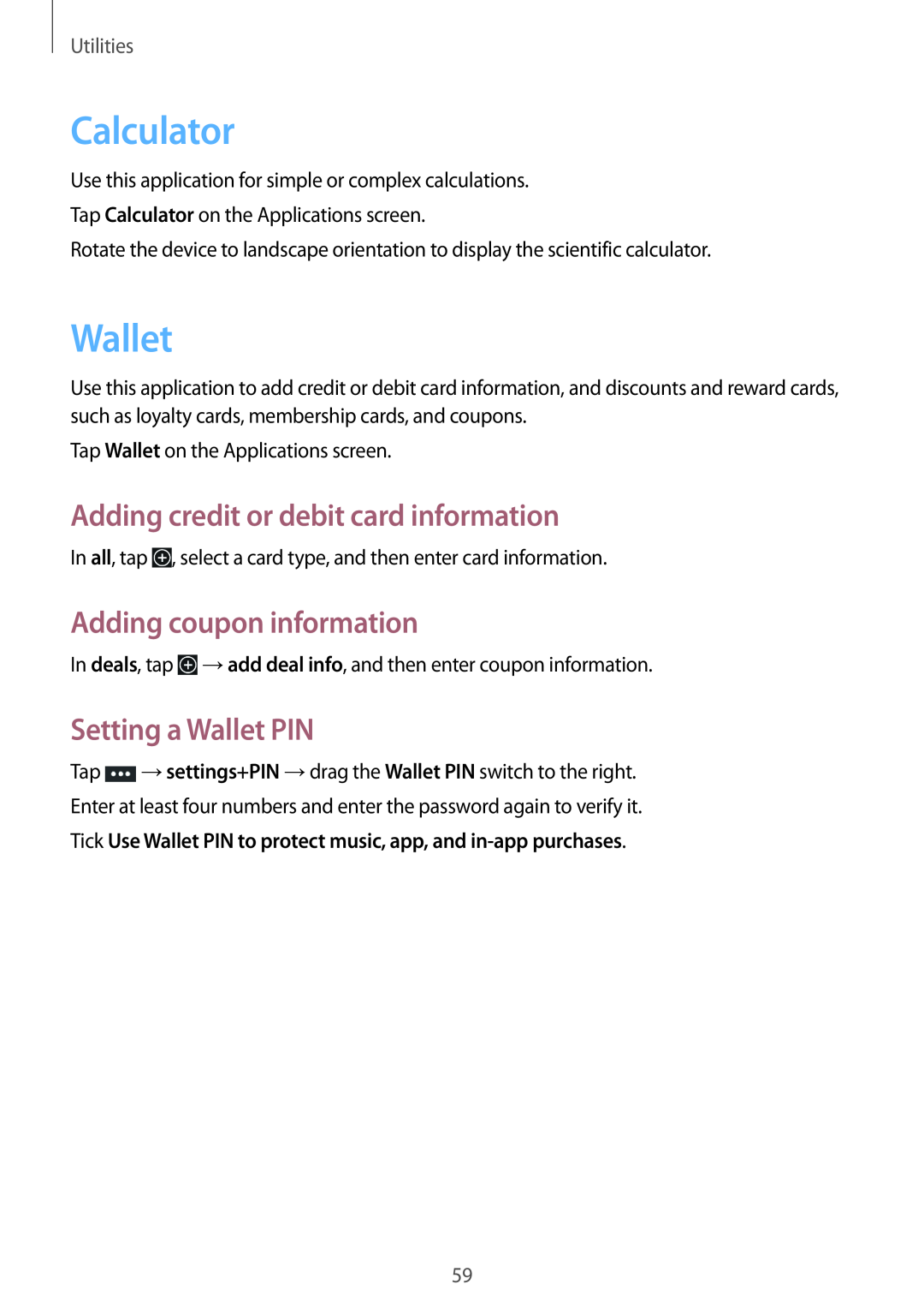 Samsung GT-I8750ALASER Calculator, Wallet, Adding credit or debit card information, Adding coupon information, Utilities 