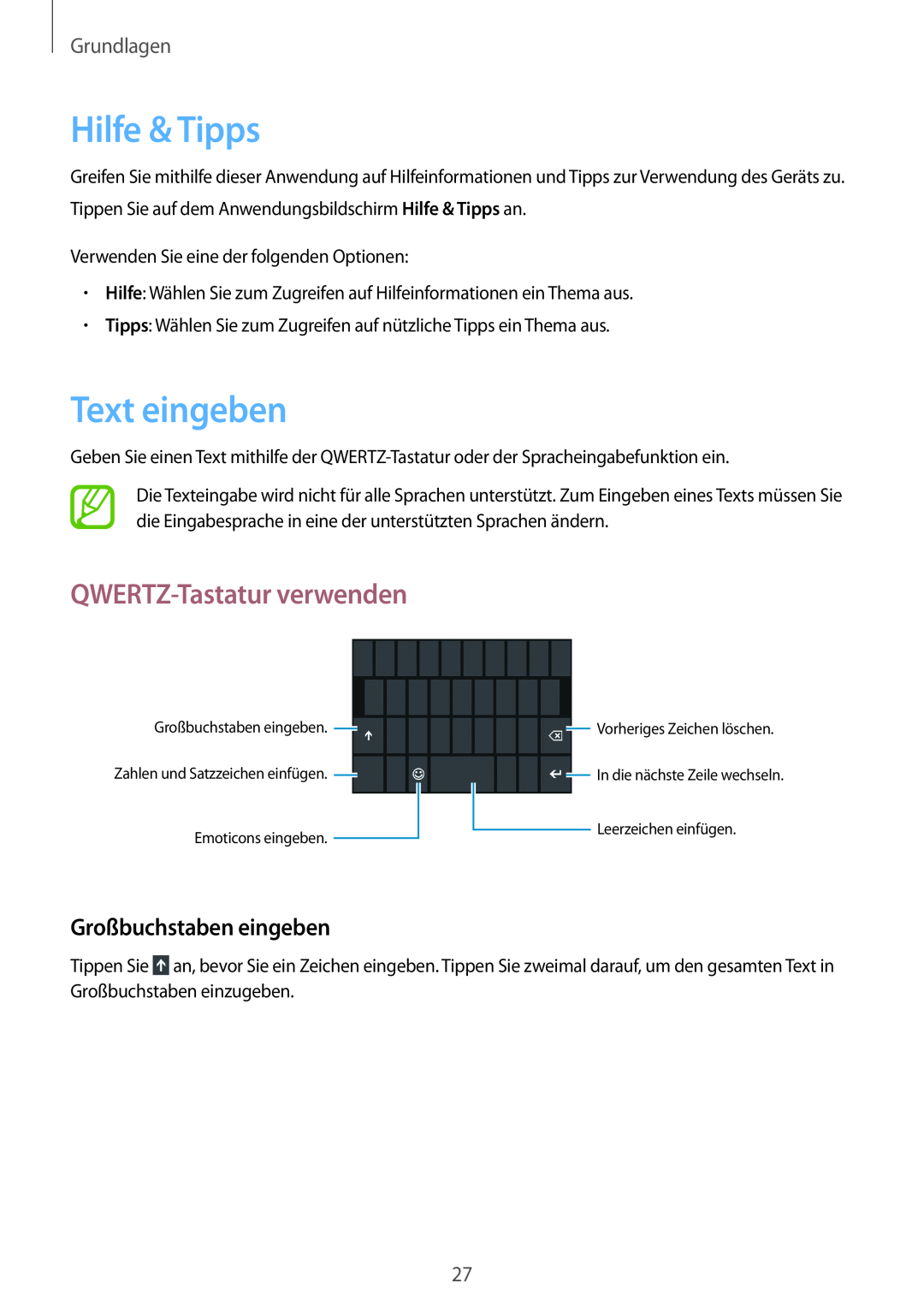 Samsung GT-I8750ALADBT manual Hilfe & Tipps, Text eingeben, QWERTZ-Tastatur verwenden, Großbuchstaben eingeben, Grundlagen 