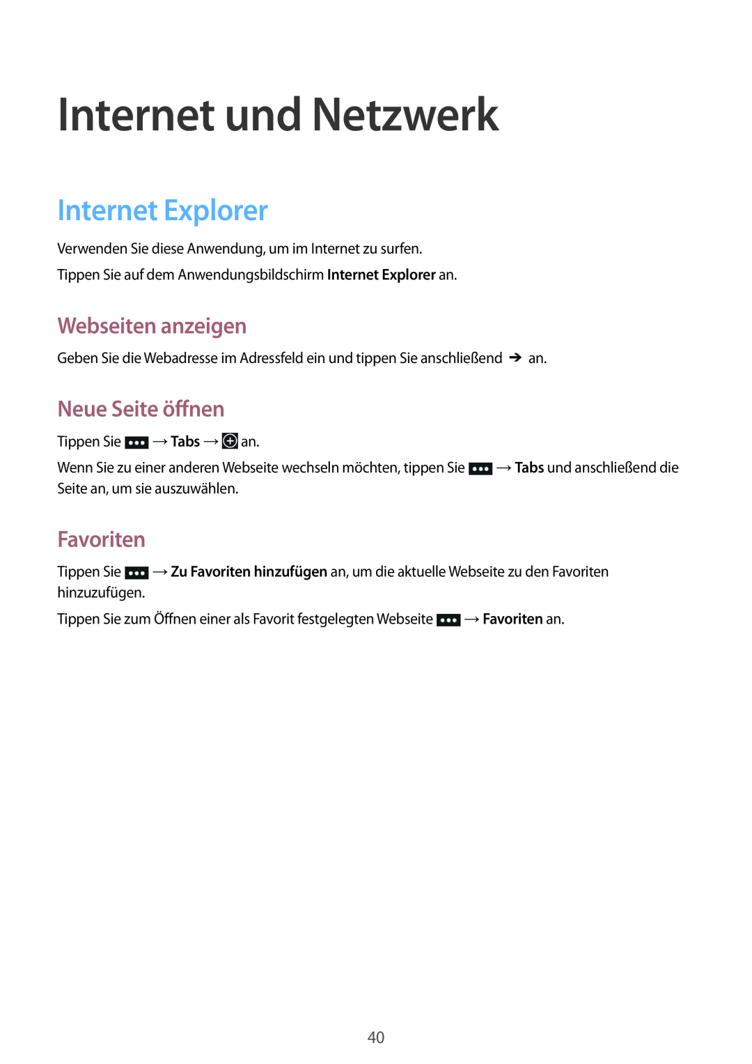 Samsung GT-I8750ALAATO manual Internet und Netzwerk, Internet Explorer, Webseiten anzeigen, Neue Seite öffnen, Favoriten 