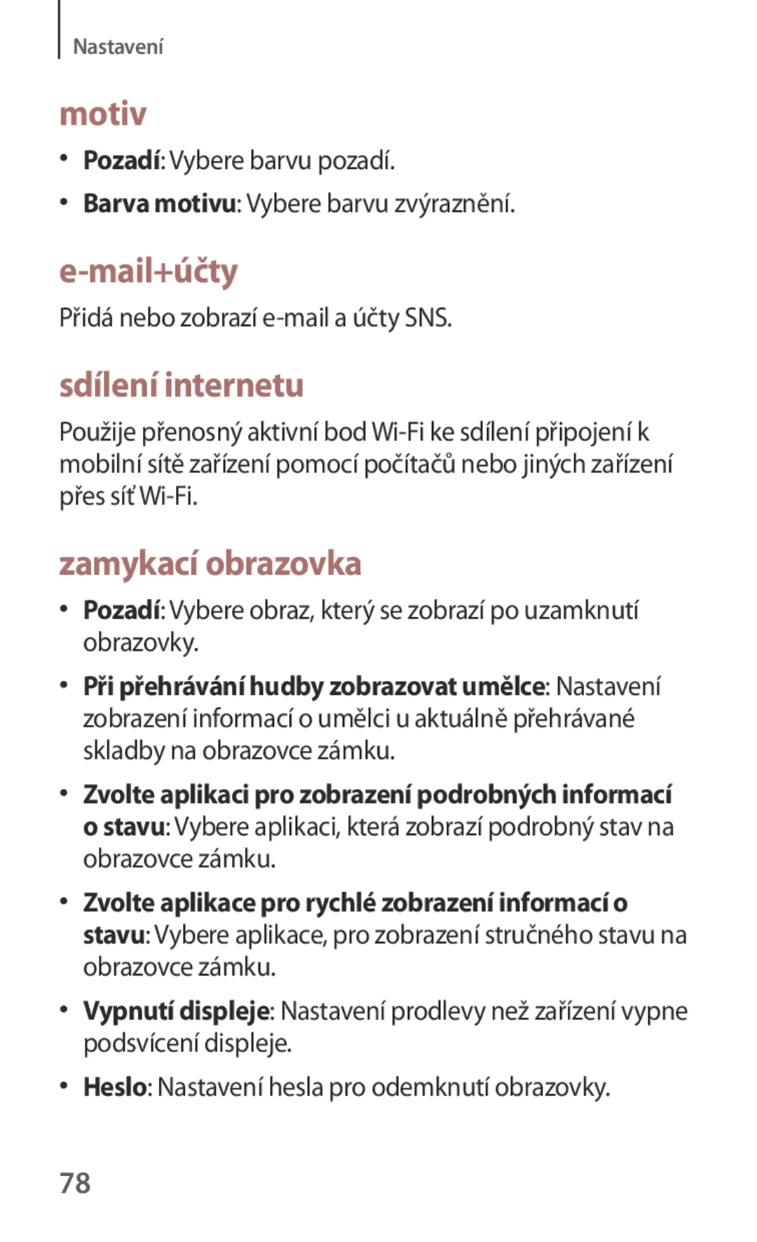 Samsung GT-I8750ALAATO manual Motiv, Mail+účty, Sdílení internetu, Zamykací obrazovka, Přidá nebo zobrazí e-mail a účty SNS 