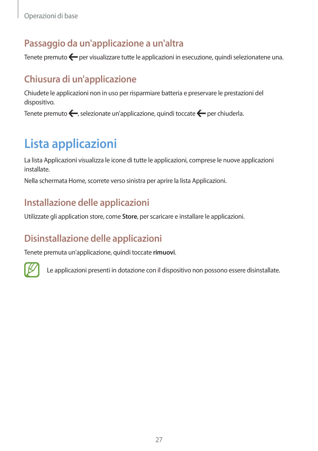 Samsung GT-I8750ALAHUI manual Lista applicazioni, Passaggio da unapplicazione a unaltra, Chiusura di unapplicazione 