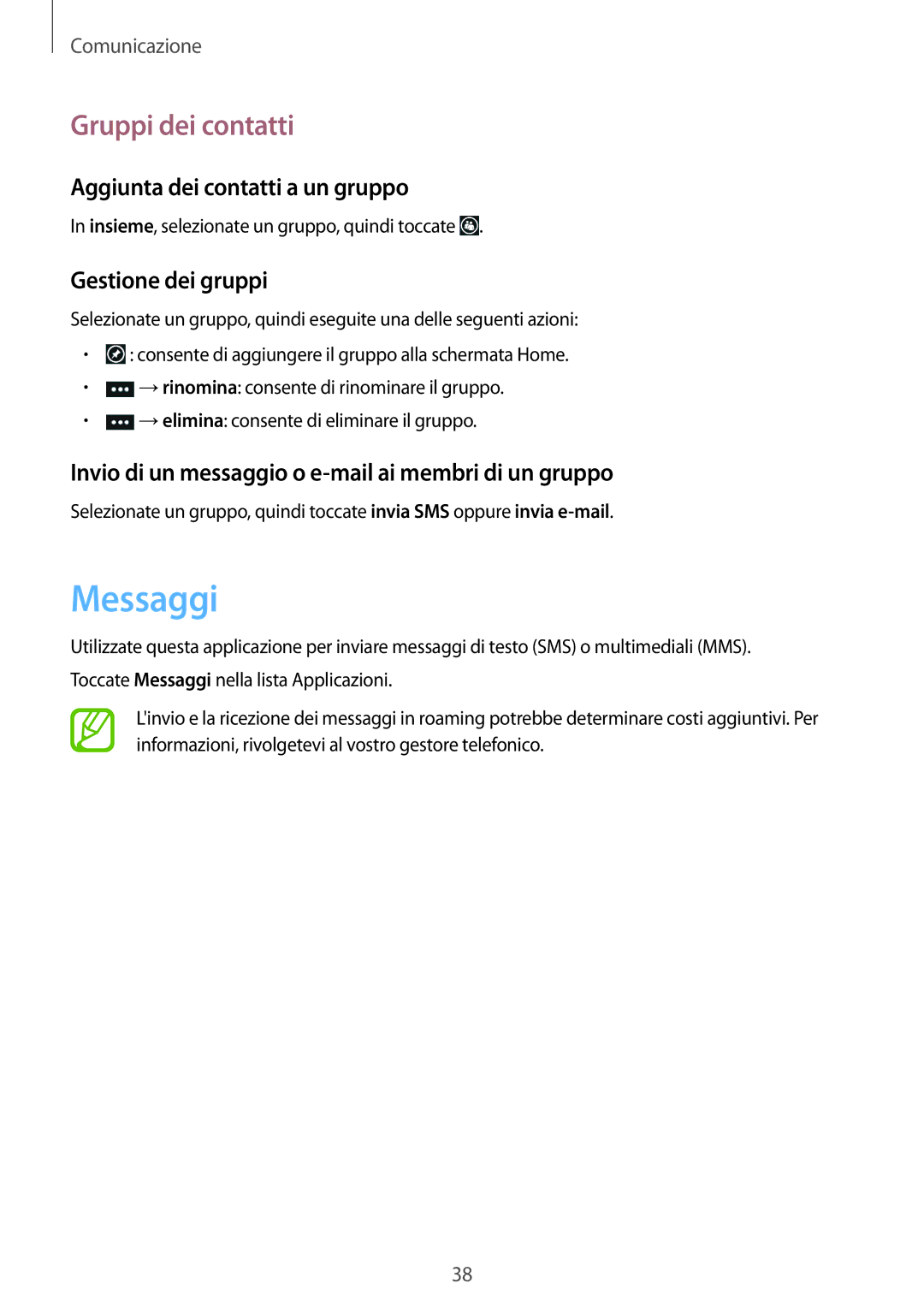 Samsung GT-I8750ALATIM manual Messaggi, Gruppi dei contatti, Aggiunta dei contatti a un gruppo, Gestione dei gruppi 
