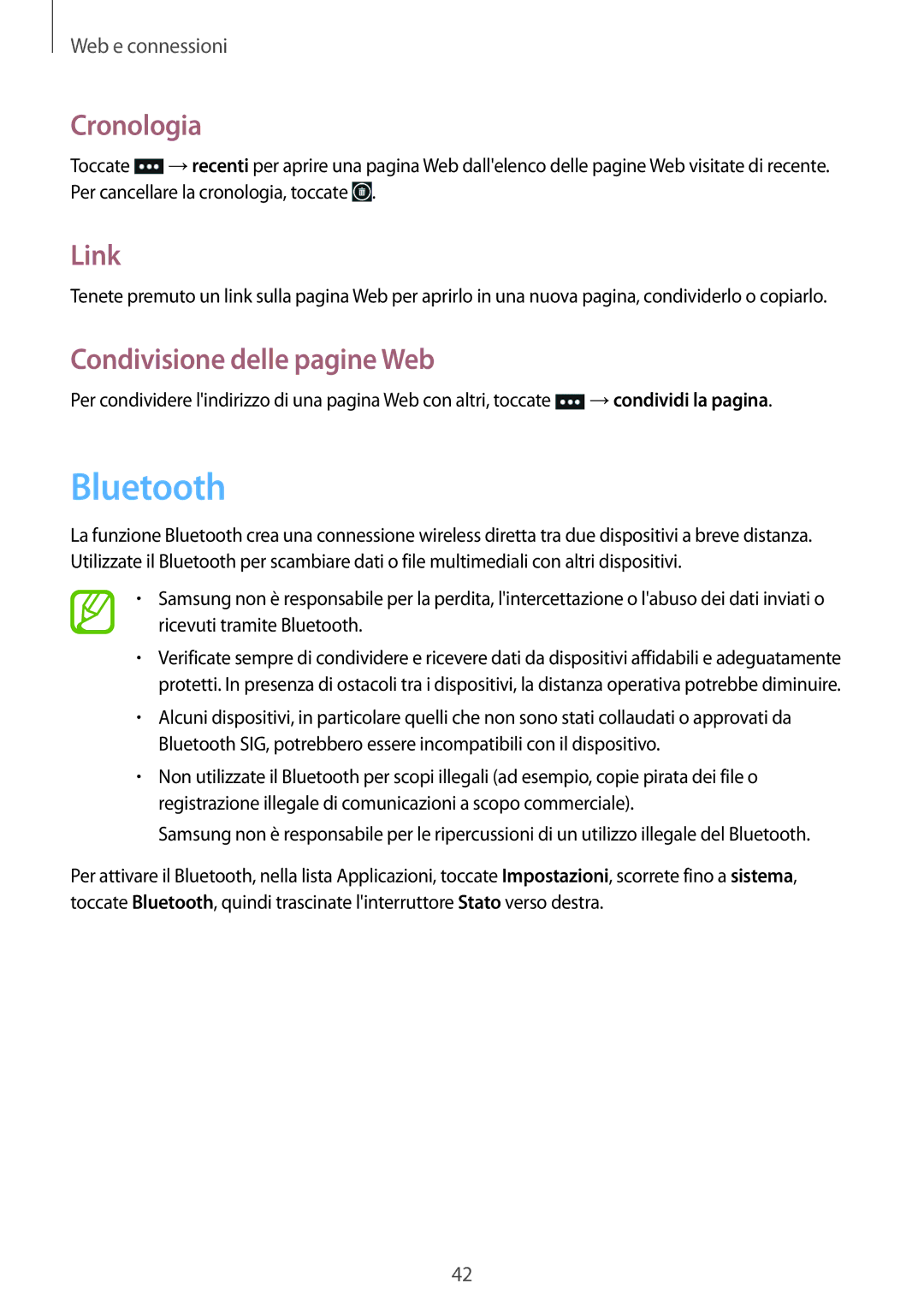 Samsung GT-I8750ALATIM, GT-I8750ALAITV, GT-I8750ALAXEO manual Bluetooth, Cronologia, Link, Condivisione delle pagine Web 