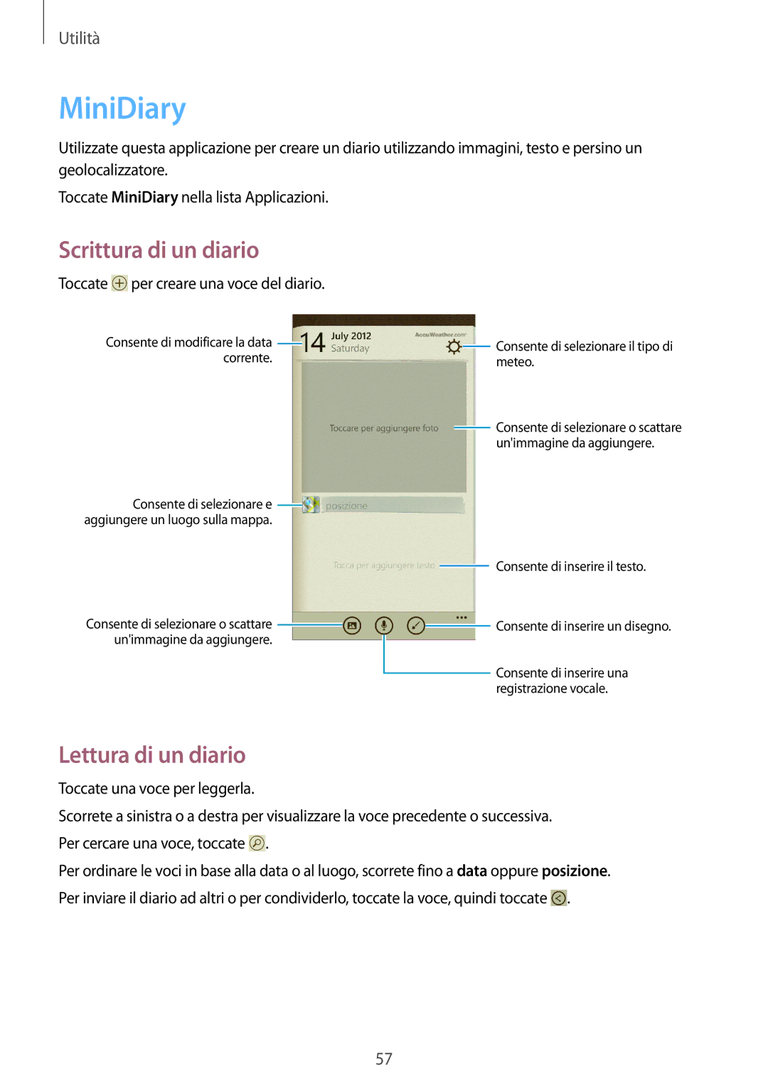 Samsung GT-I8750ALAXEO, GT-I8750ALAITV, GT-I8750ALATIM manual MiniDiary, Scrittura di un diario, Lettura di un diario 