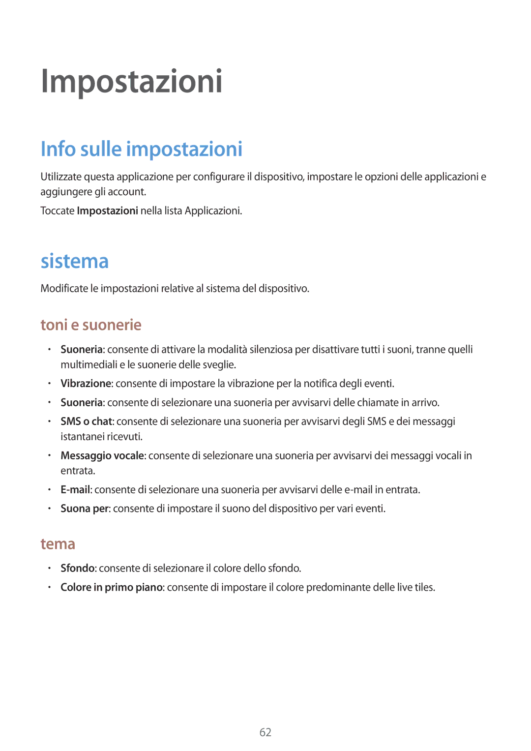 Samsung GT-I8750ALATIM, GT-I8750ALAITV manual Impostazioni, Info sulle impostazioni, Sistema, Toni e suonerie, Tema 