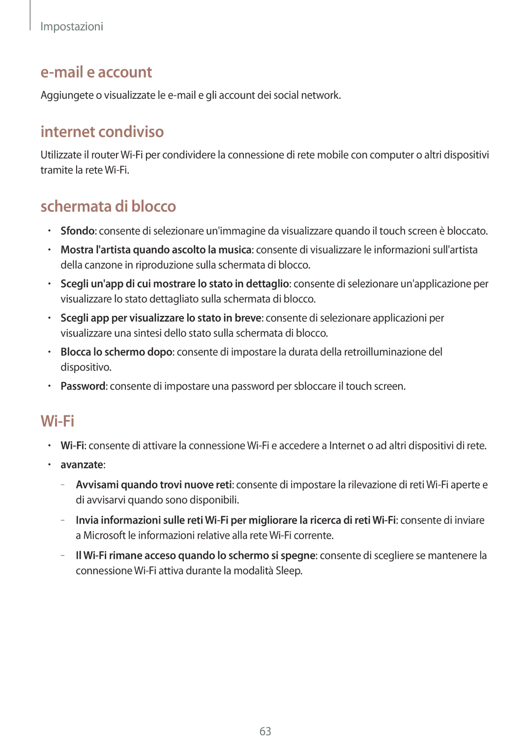 Samsung GT-I8750ALAHUI, GT-I8750ALAITV, GT-I8750ALAXEO manual Mail e account, Internet condiviso, Schermata di blocco, Wi-Fi 