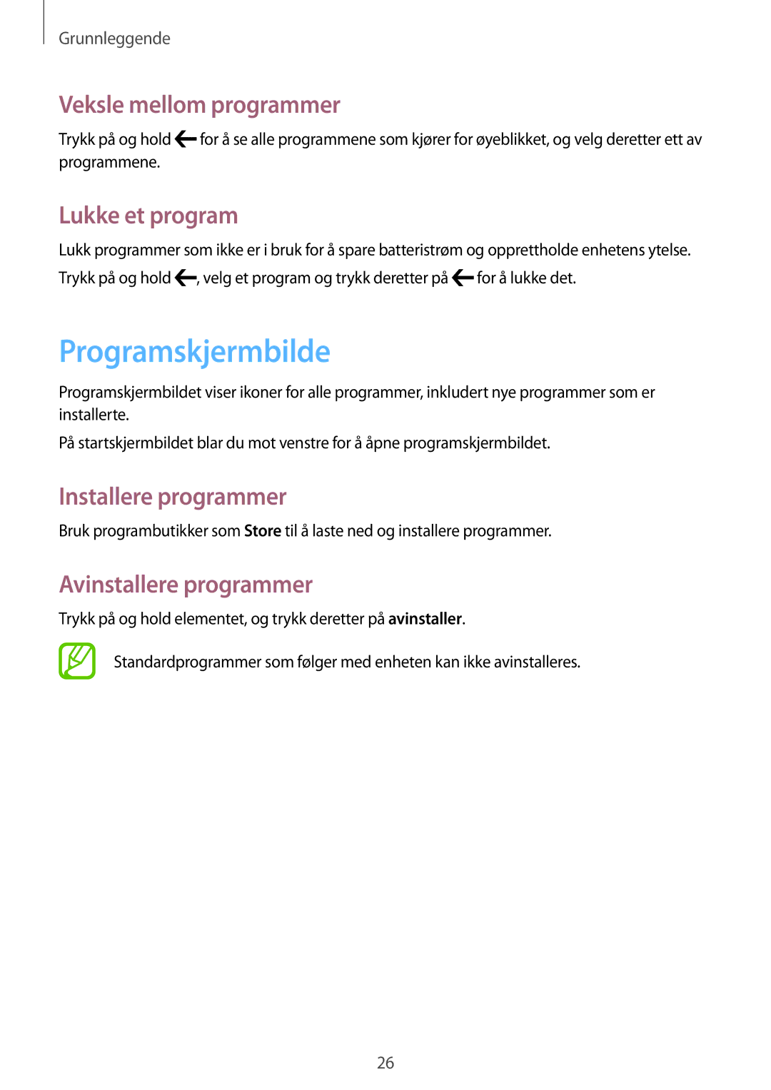 Samsung GT-I8750ALANEE manual Programskjermbilde, Veksle mellom programmer, Lukke et program, Installere programmer 