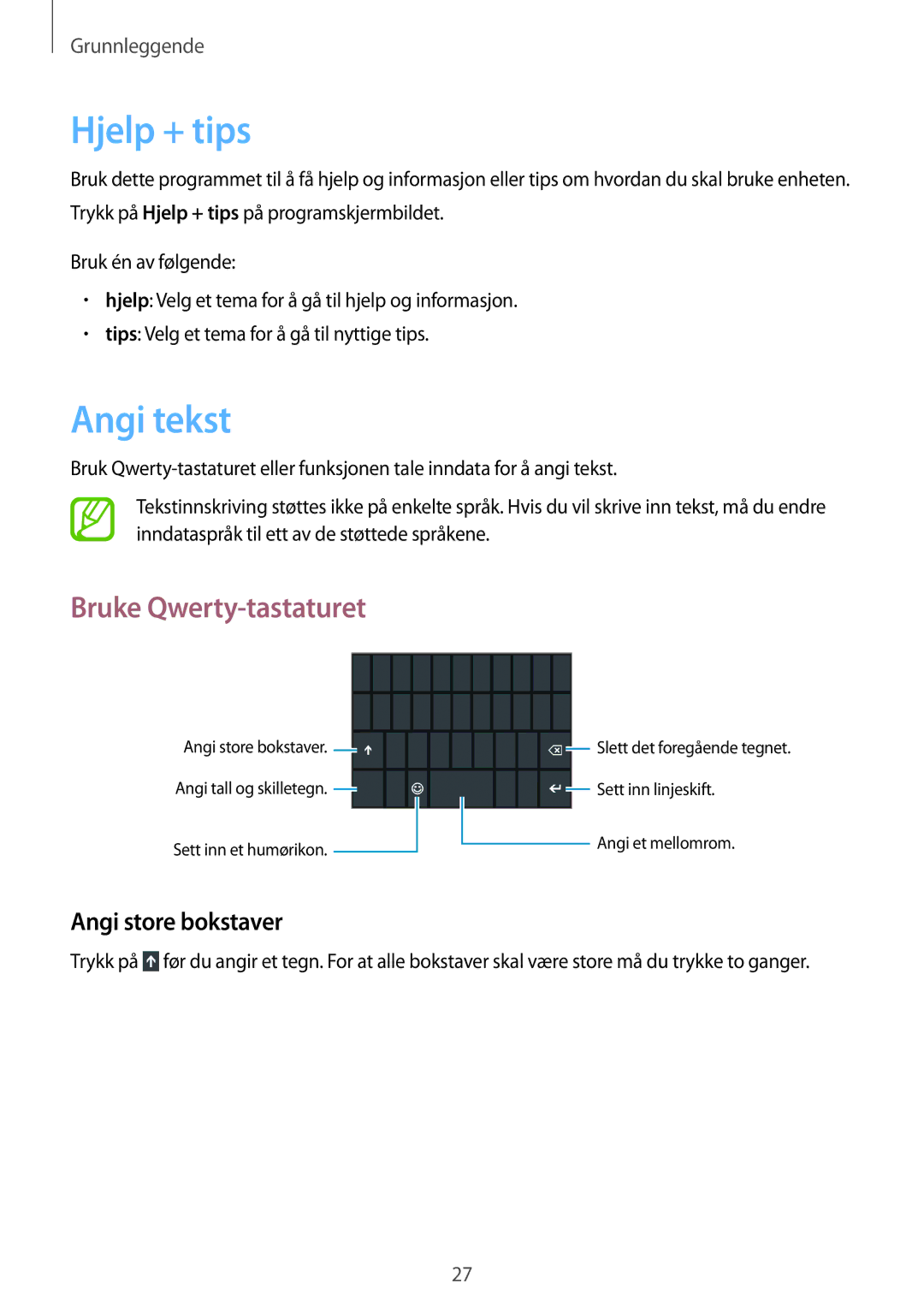 Samsung GT-I8750ALANEE manual Hjelp + tips, Angi tekst, Bruke Qwerty-tastaturet, Angi store bokstaver 