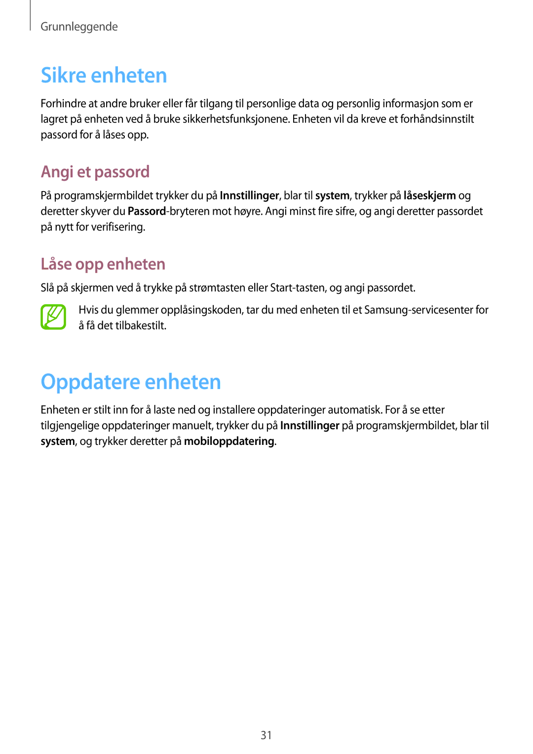Samsung GT-I8750ALANEE manual Sikre enheten, Oppdatere enheten, Angi et passord, Låse opp enheten 