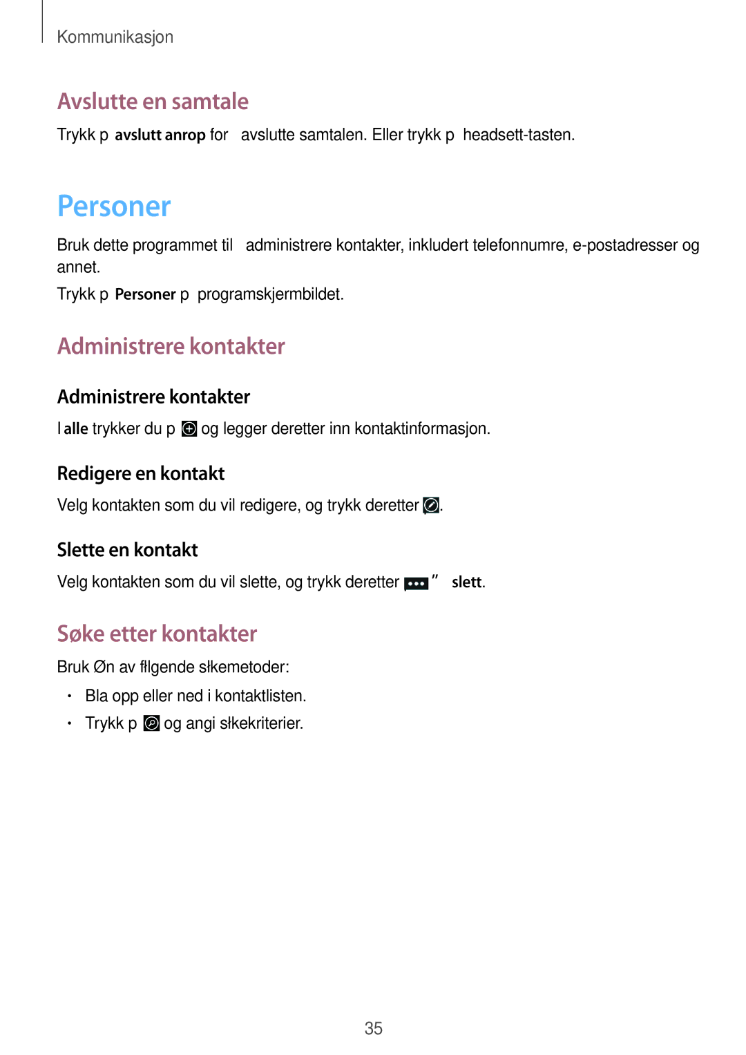 Samsung GT-I8750ALANEE manual Personer, Avslutte en samtale, Administrere kontakter, Søke etter kontakter 