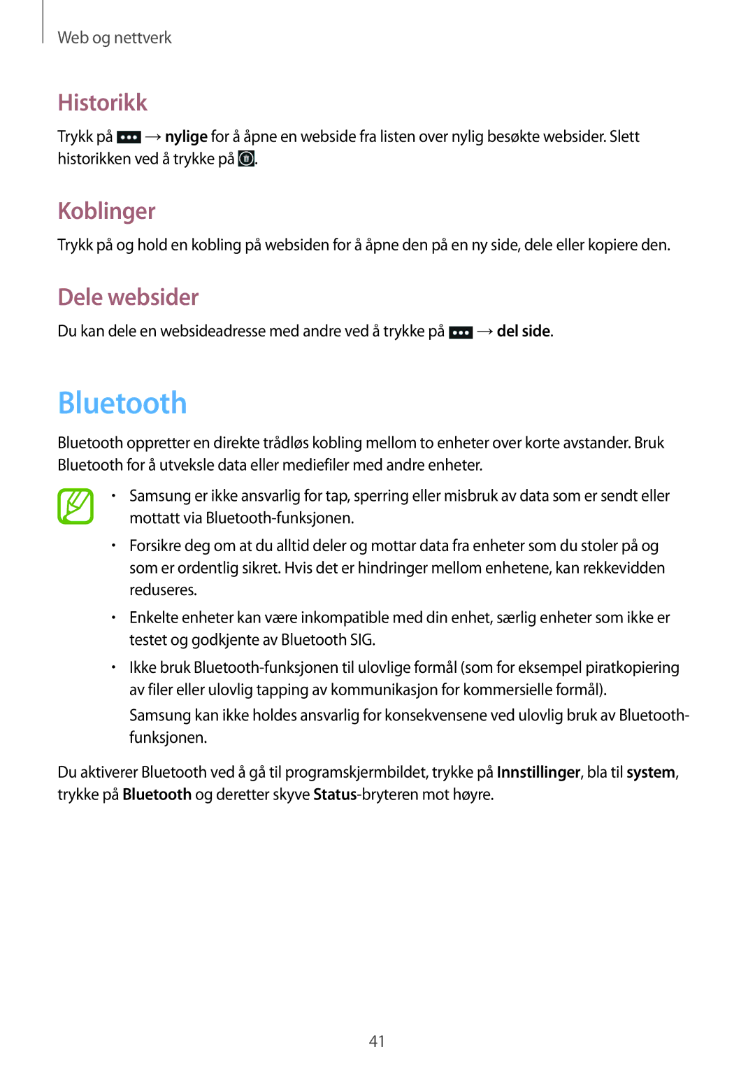 Samsung GT-I8750ALANEE manual Bluetooth, Historikk, Koblinger, Dele websider 