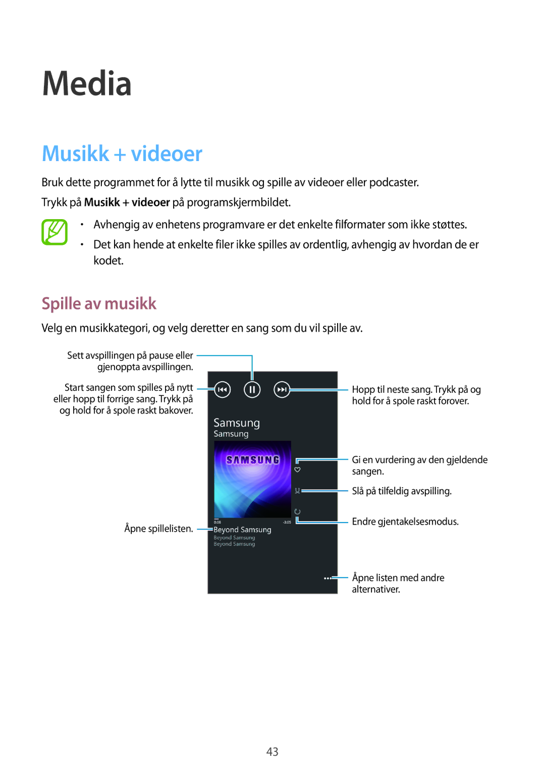 Samsung GT-I8750ALANEE manual Media, Musikk + videoer, Spille av musikk 