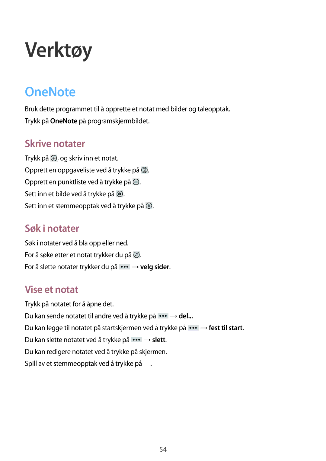 Samsung GT-I8750ALANEE manual Verktøy, OneNote, Skrive notater, Søk i notater, Vise et notat 