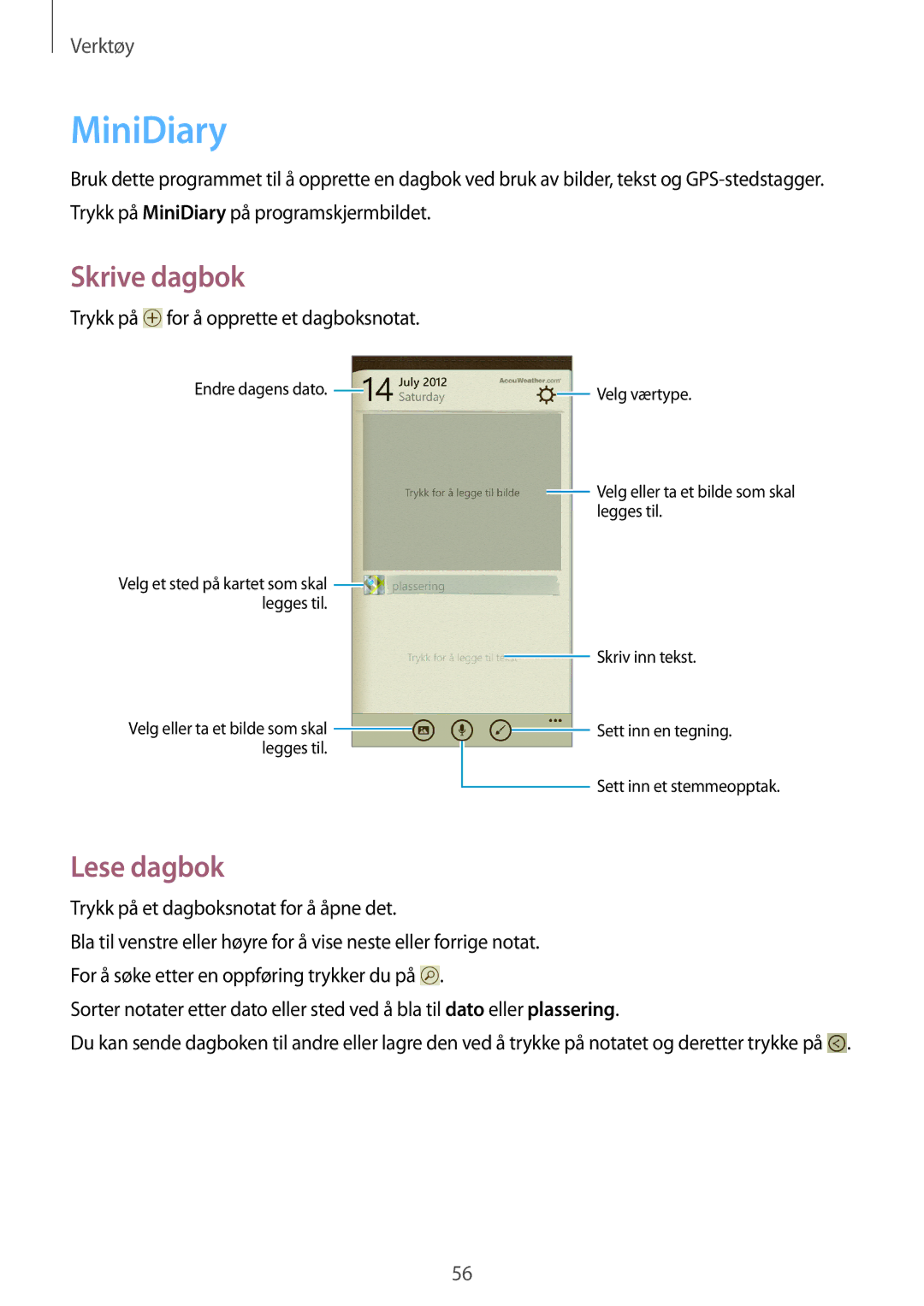 Samsung GT-I8750ALANEE manual MiniDiary, Skrive dagbok, Lese dagbok 