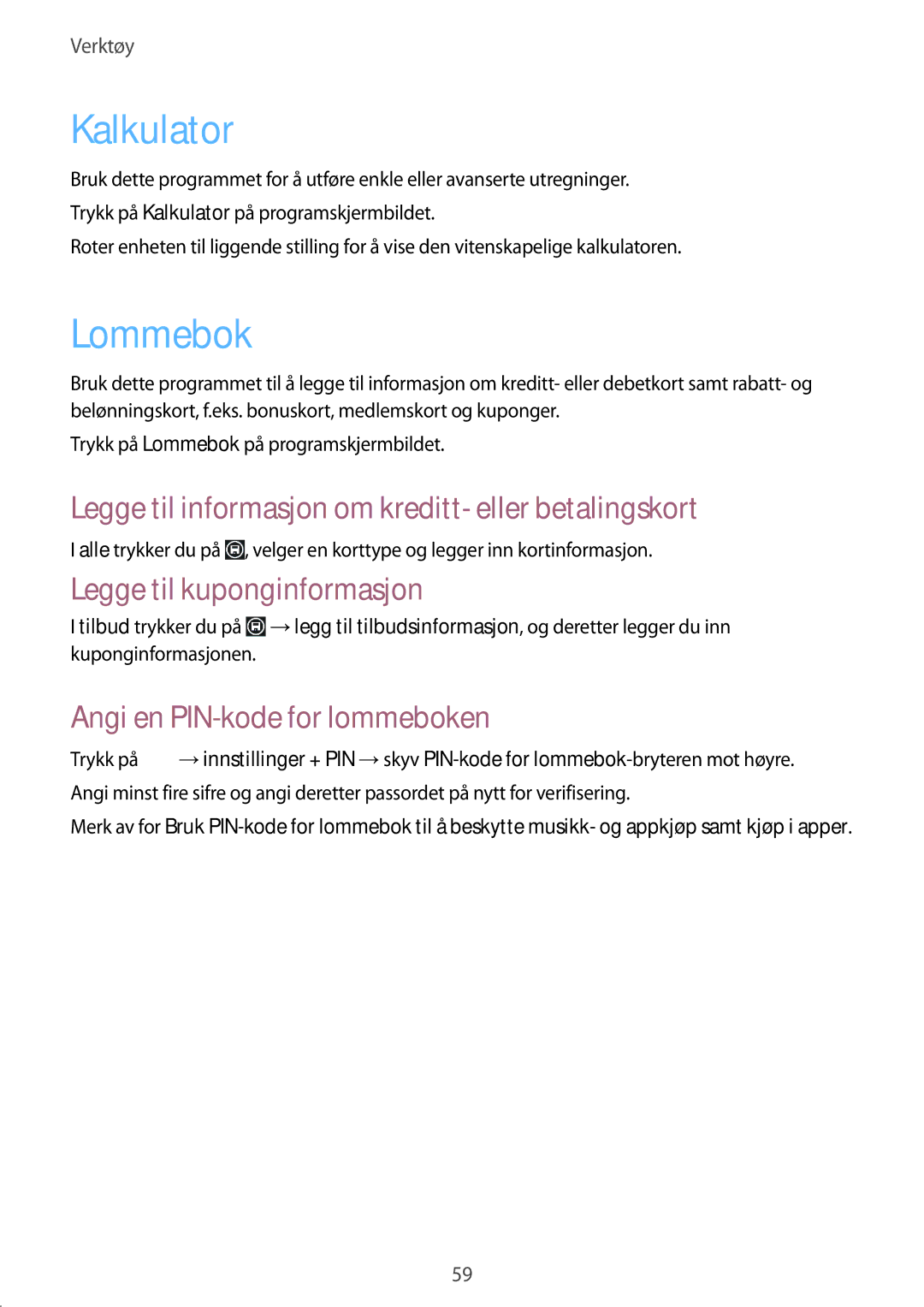 Samsung GT-I8750ALANEE manual Kalkulator, Lommebok, Legge til informasjon om kreditt- eller betalingskort 