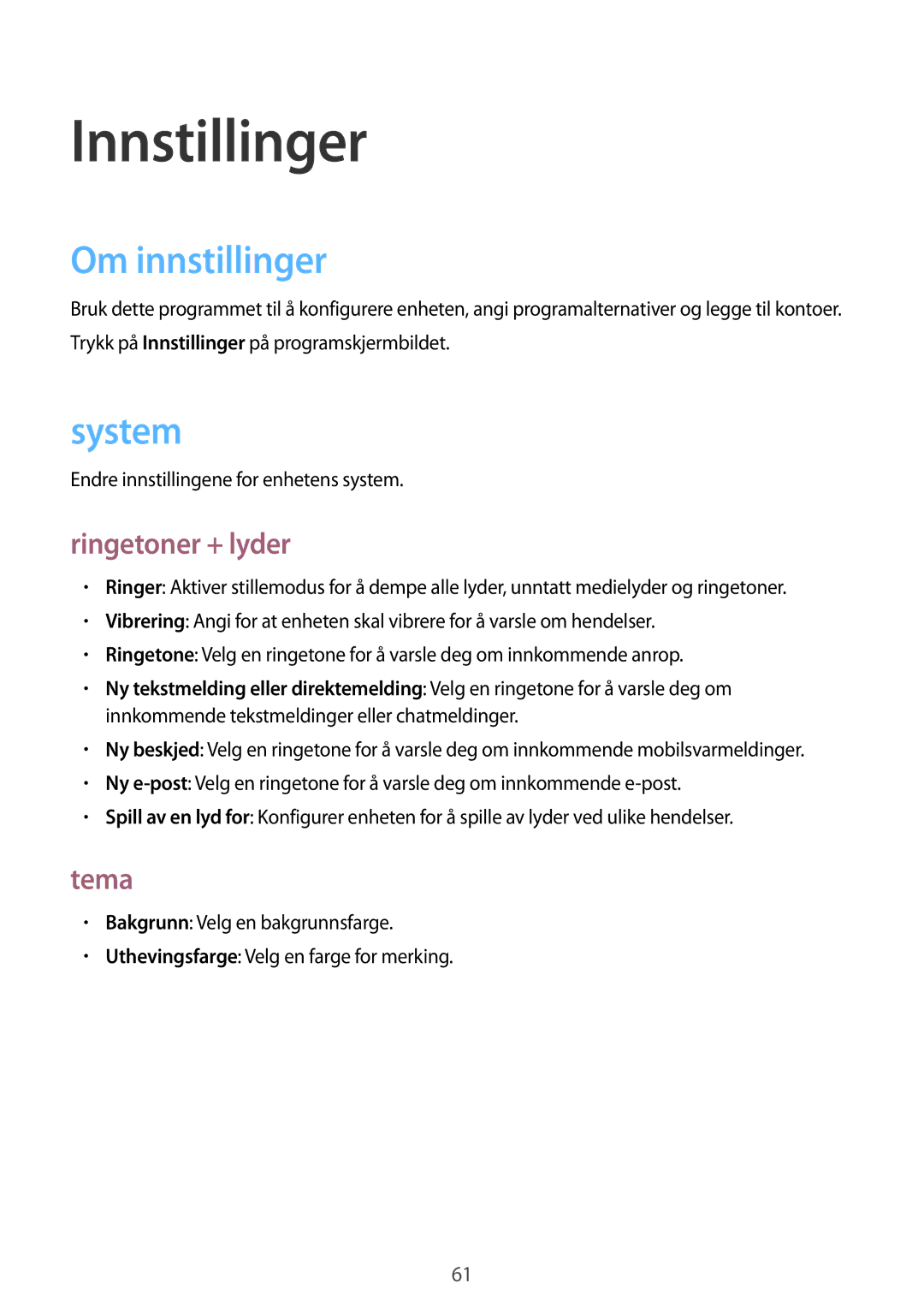 Samsung GT-I8750ALANEE manual Innstillinger, Om innstillinger, System, Ringetoner + lyder, Tema 