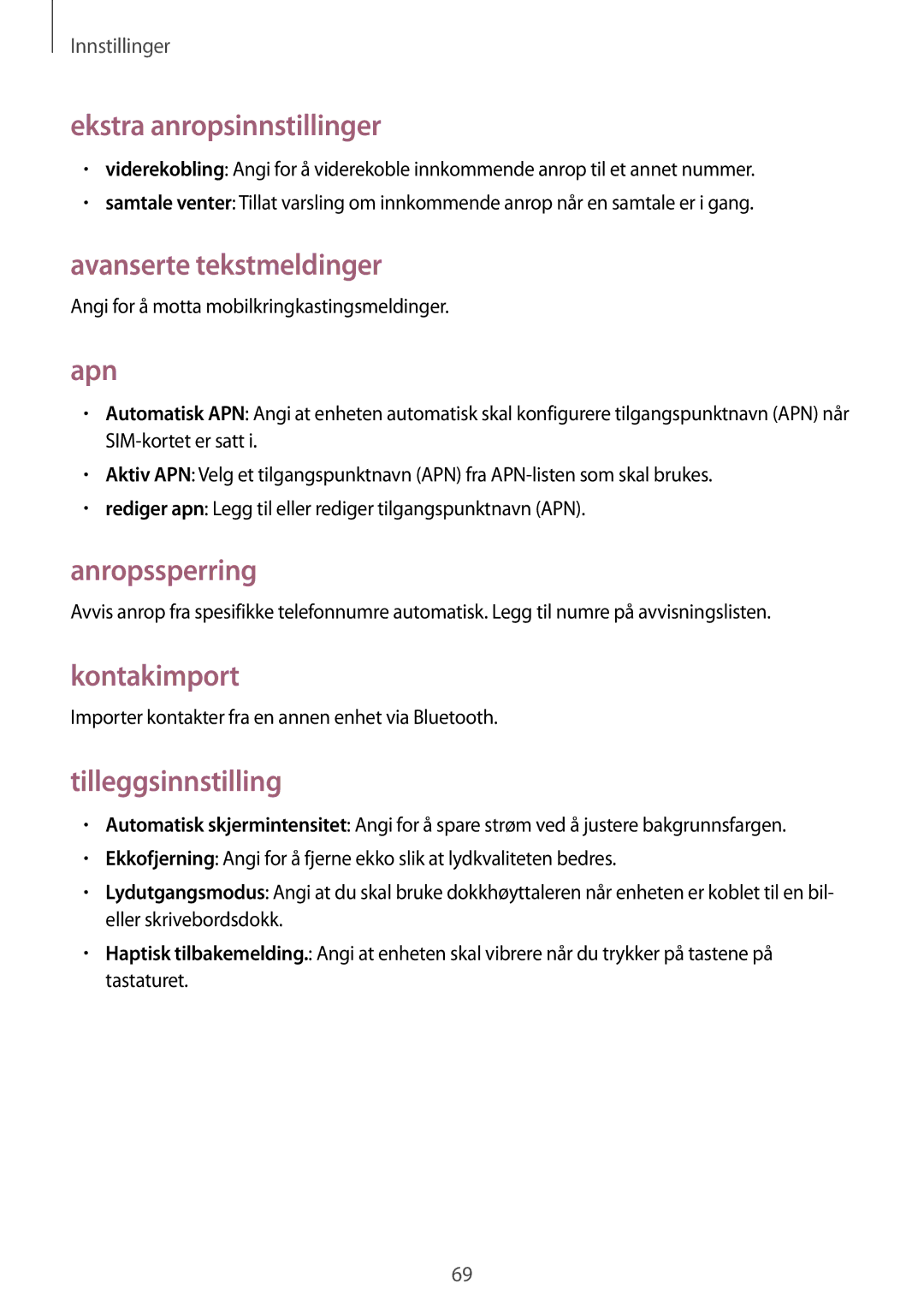 Samsung GT-I8750ALANEE manual Ekstra anropsinnstillinger, Avanserte tekstmeldinger, Apn, Anropssperring, Kontakimport 