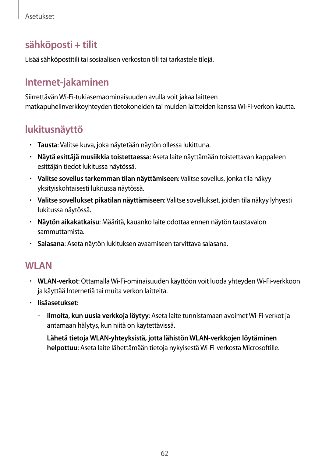 Samsung GT-I8750ALANEE manual Sähköposti + tilit, Internet-jakaminen, Lukitusnäyttö 