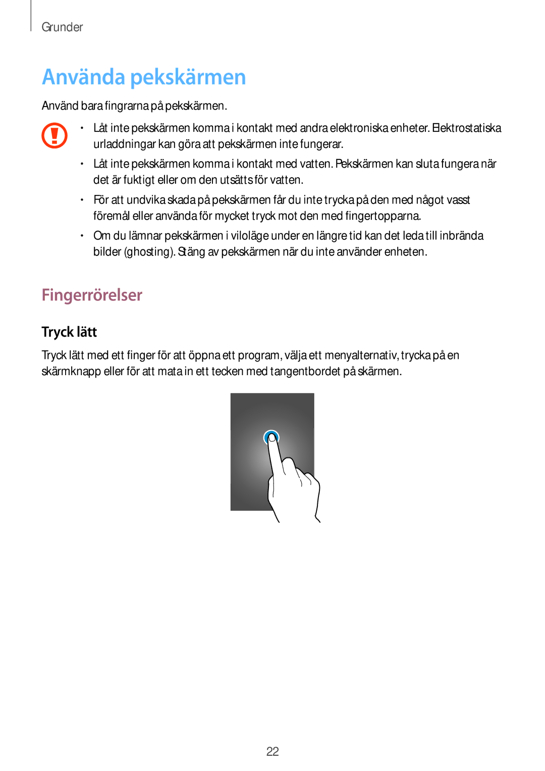 Samsung GT-I8750ALANEE manual Använda pekskärmen, Fingerrörelser, Tryck lätt 