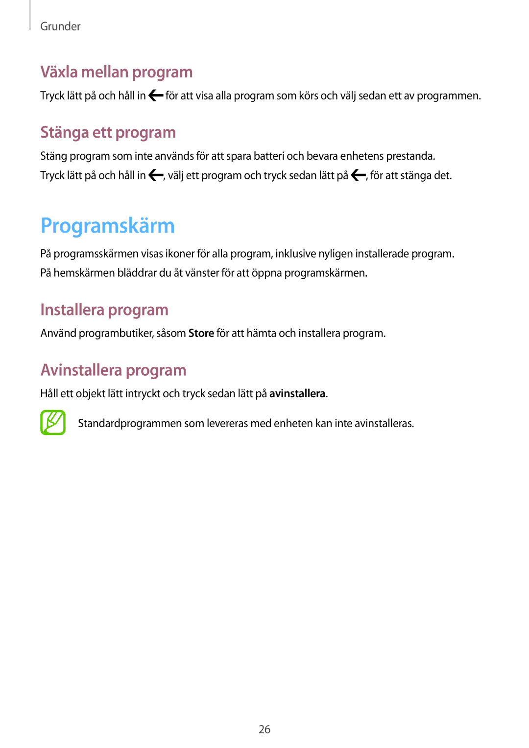 Samsung GT-I8750ALANEE Programskärm, Växla mellan program, Stänga ett program, Installera program, Avinstallera program 