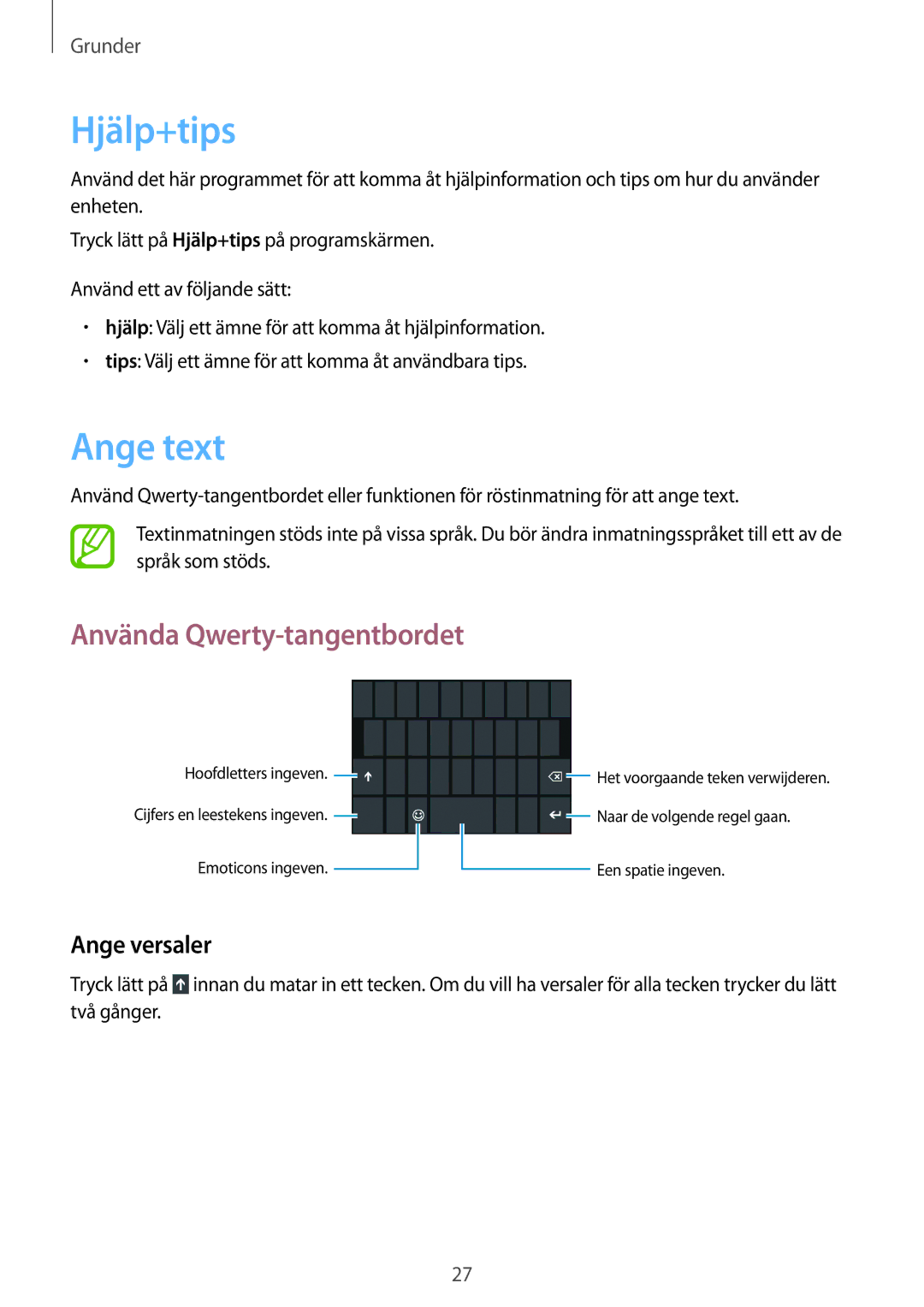 Samsung GT-I8750ALANEE manual Hjälp+tips, Ange text, Använda Qwerty-tangentbordet, Ange versaler 