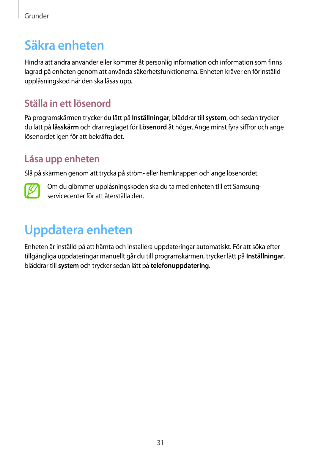 Samsung GT-I8750ALANEE manual Säkra enheten, Uppdatera enheten, Ställa in ett lösenord, Låsa upp enheten 
