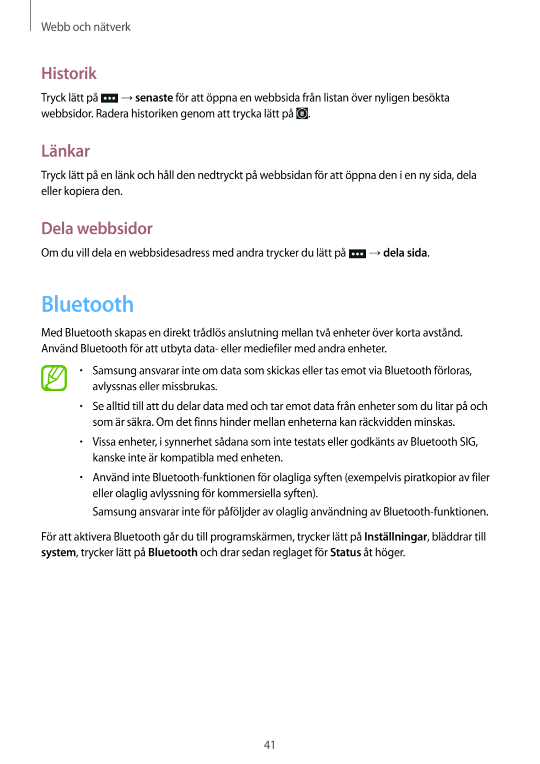 Samsung GT-I8750ALANEE manual Bluetooth, Historik, Länkar, Dela webbsidor 