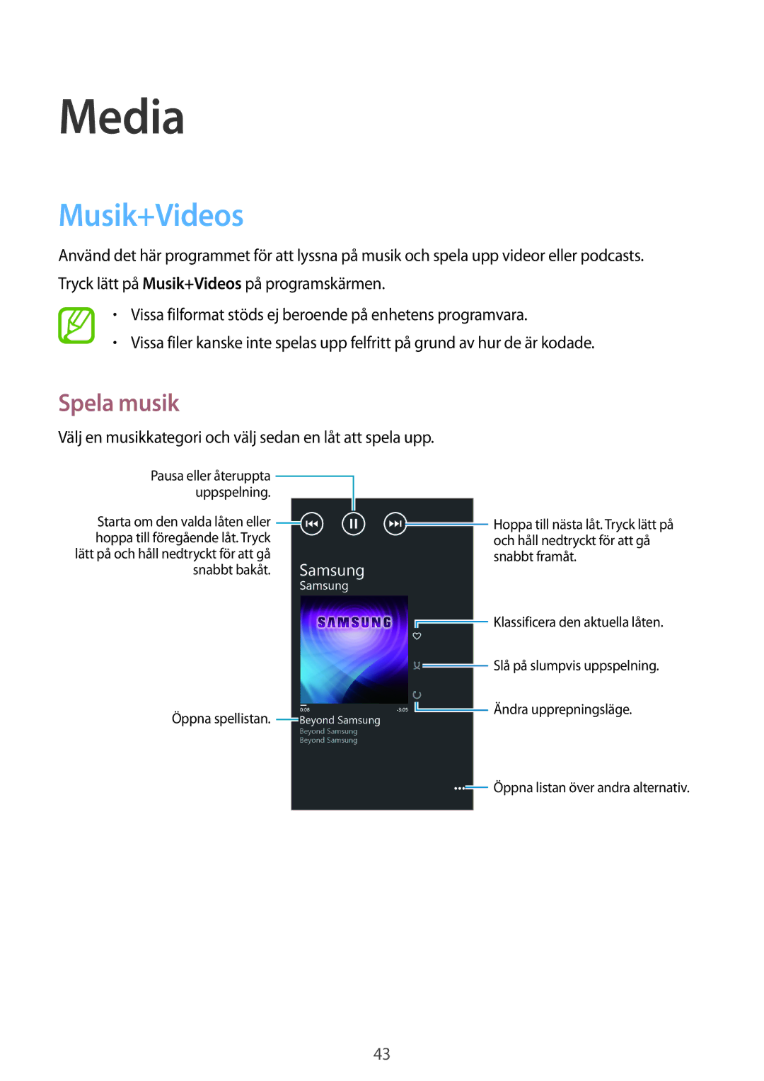 Samsung GT-I8750ALANEE manual Media, Musik+Videos, Spela musik 