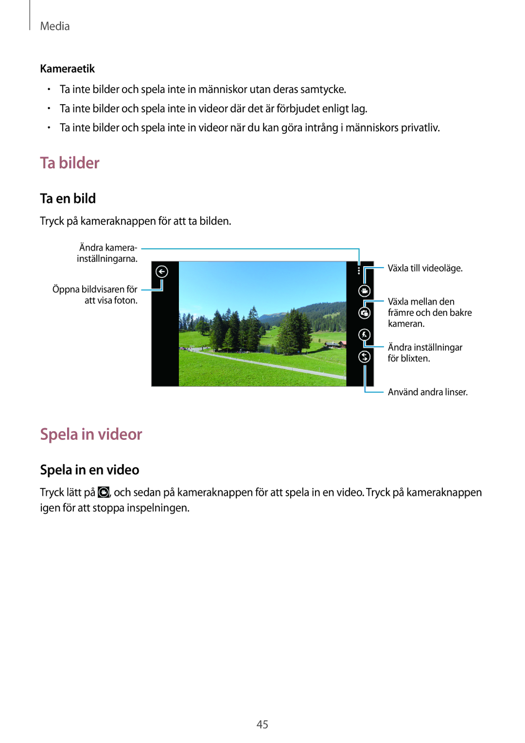 Samsung GT-I8750ALANEE manual Ta bilder, Spela in videor, Ta en bild, Spela in en video 