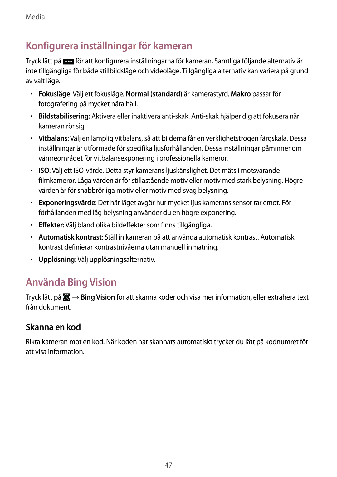 Samsung GT-I8750ALANEE manual Konfigurera inställningar för kameran, Använda Bing Vision, Skanna en kod 