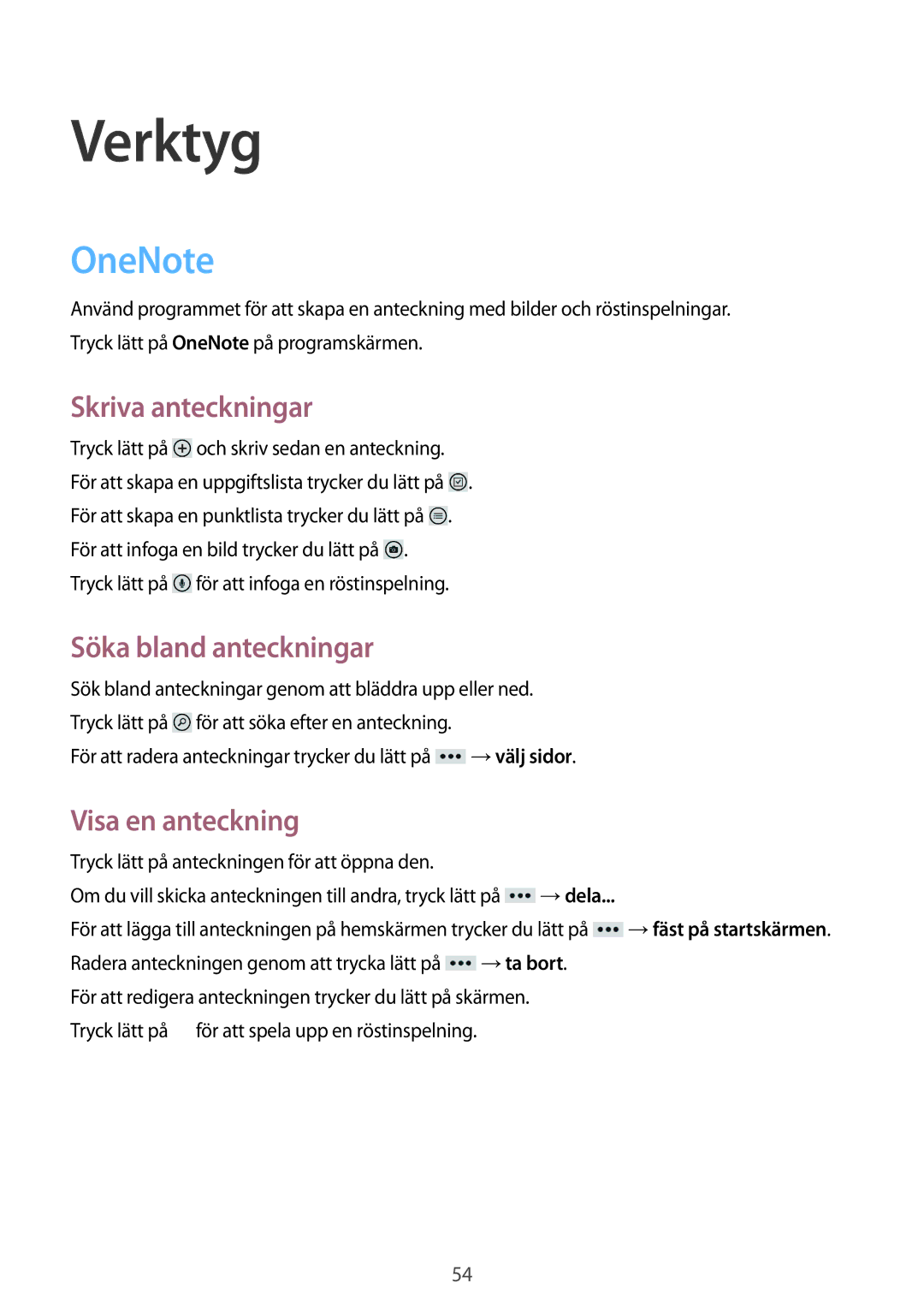 Samsung GT-I8750ALANEE manual Verktyg, OneNote, Skriva anteckningar, Söka bland anteckningar, Visa en anteckning 