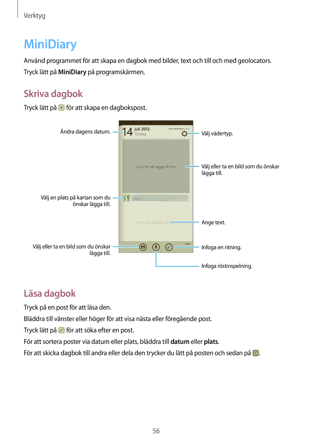 Samsung GT-I8750ALANEE manual MiniDiary, Skriva dagbok, Läsa dagbok 