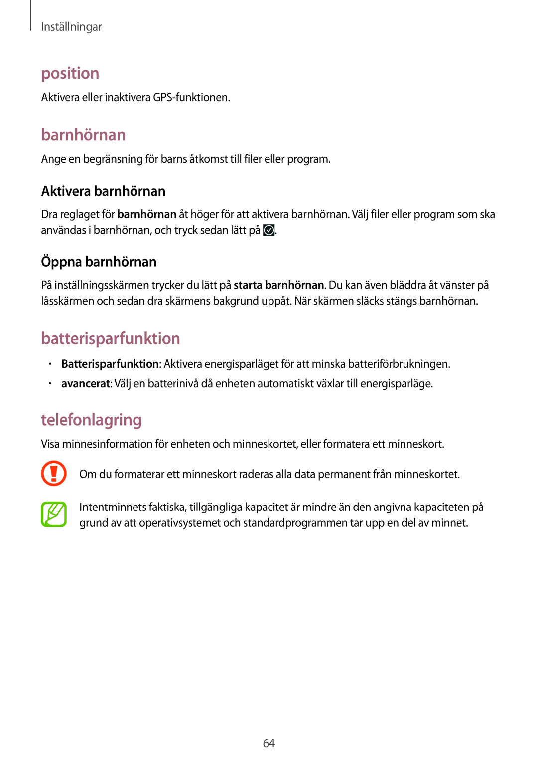Samsung GT-I8750ALANEE manual Position, Barnhörnan, Batterisparfunktion, Telefonlagring 