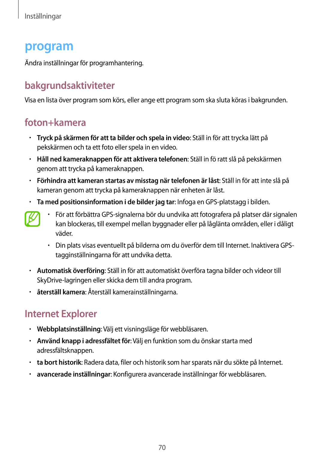 Samsung GT-I8750ALANEE manual Program, Bakgrundsaktiviteter, Foton+kamera, Internet Explorer 