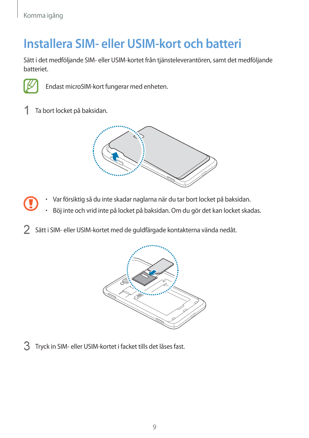 Samsung GT-I8750ALANEE manual Installera SIM- eller USIM-kort och batteri 