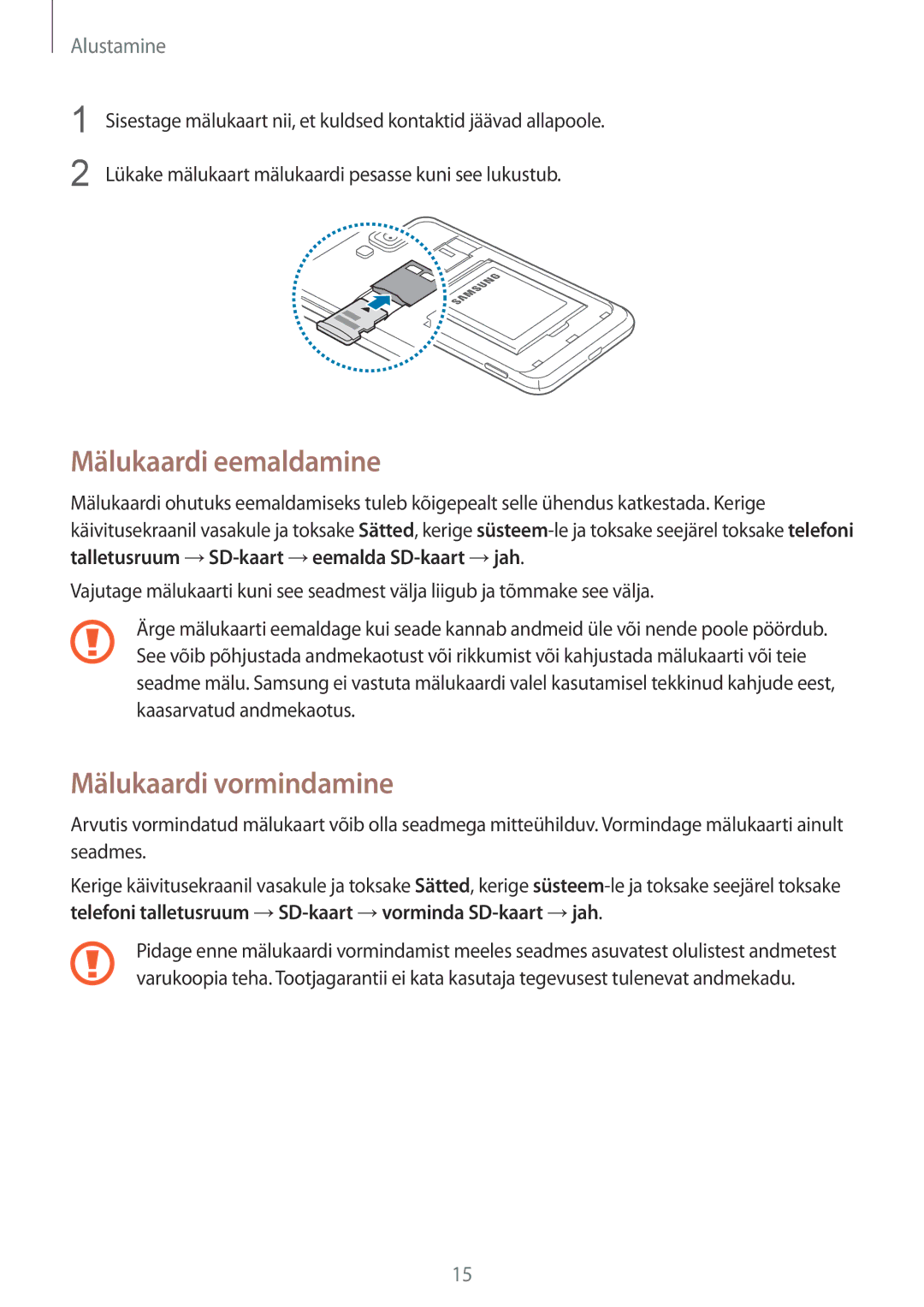 Samsung GT-I8750ALASEB manual Mälukaardi eemaldamine, Mälukaardi vormindamine 