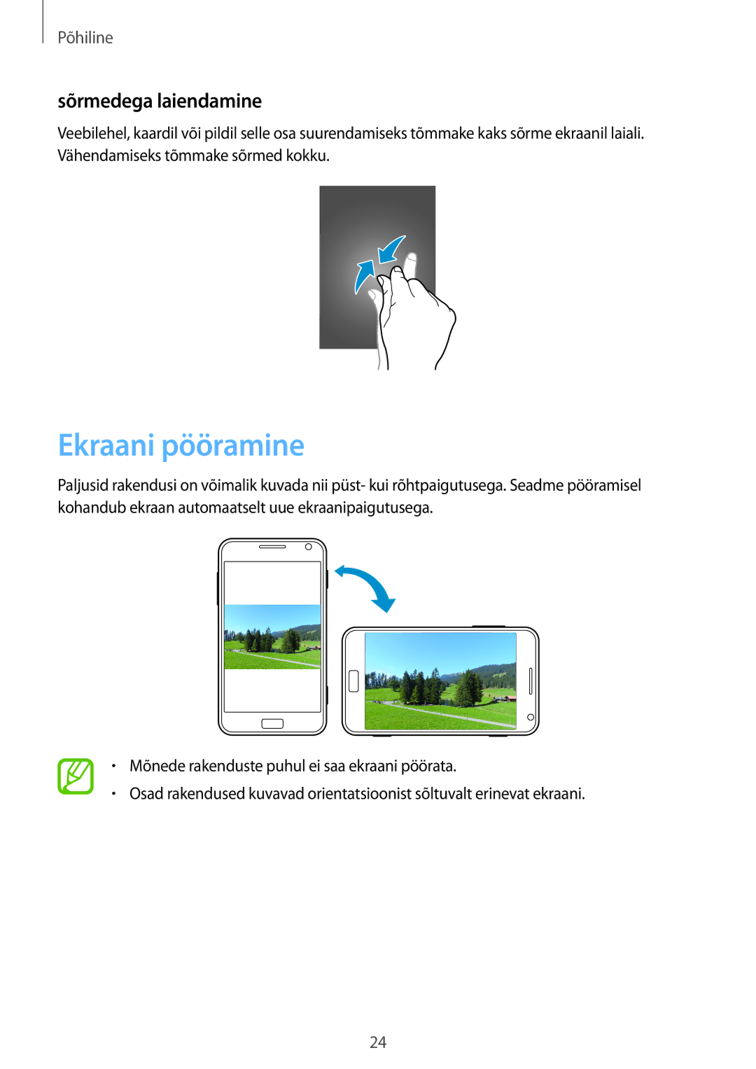 Samsung GT-I8750ALASEB manual Ekraani pööramine, Sõrmedega laiendamine 