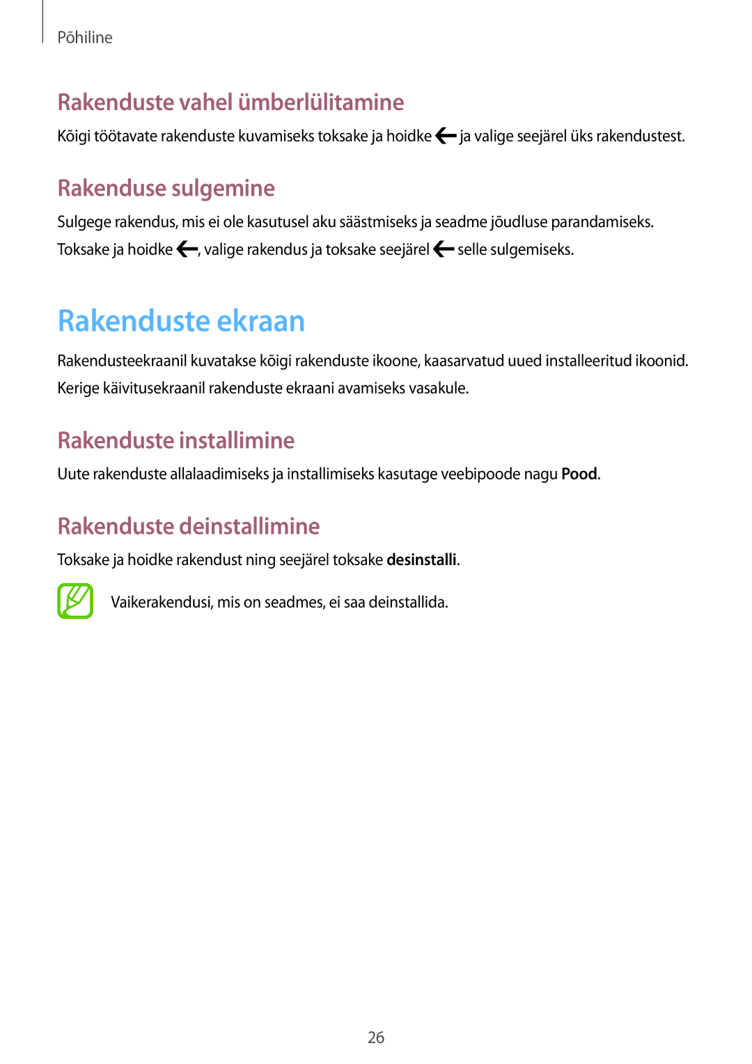 Samsung GT-I8750ALASEB Rakenduste ekraan, Rakenduste vahel ümberlülitamine, Rakenduse sulgemine, Rakenduste installimine 