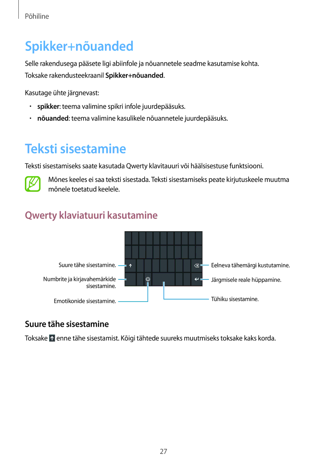 Samsung GT-I8750ALASEB manual Spikker+nõuanded, Teksti sisestamine, Qwerty klaviatuuri kasutamine, Suure tähe sisestamine 