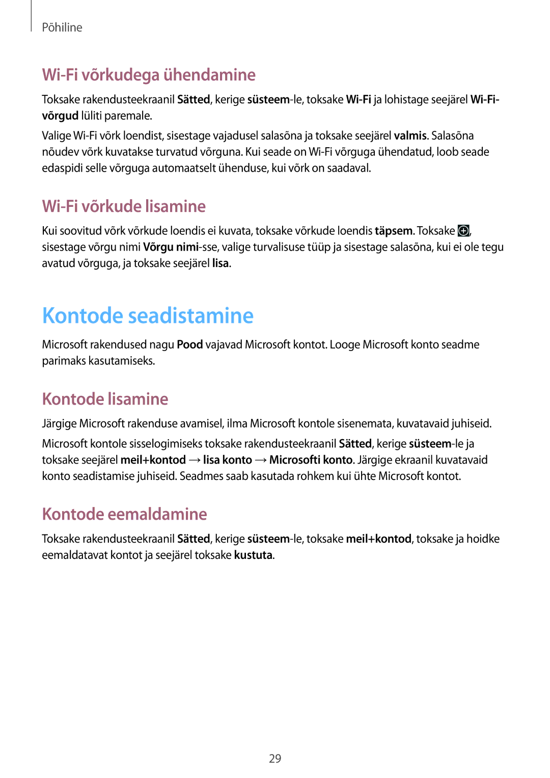 Samsung GT-I8750ALASEB manual Kontode seadistamine, Wi-Fi võrkudega ühendamine, Wi-Fi võrkude lisamine, Kontode lisamine 