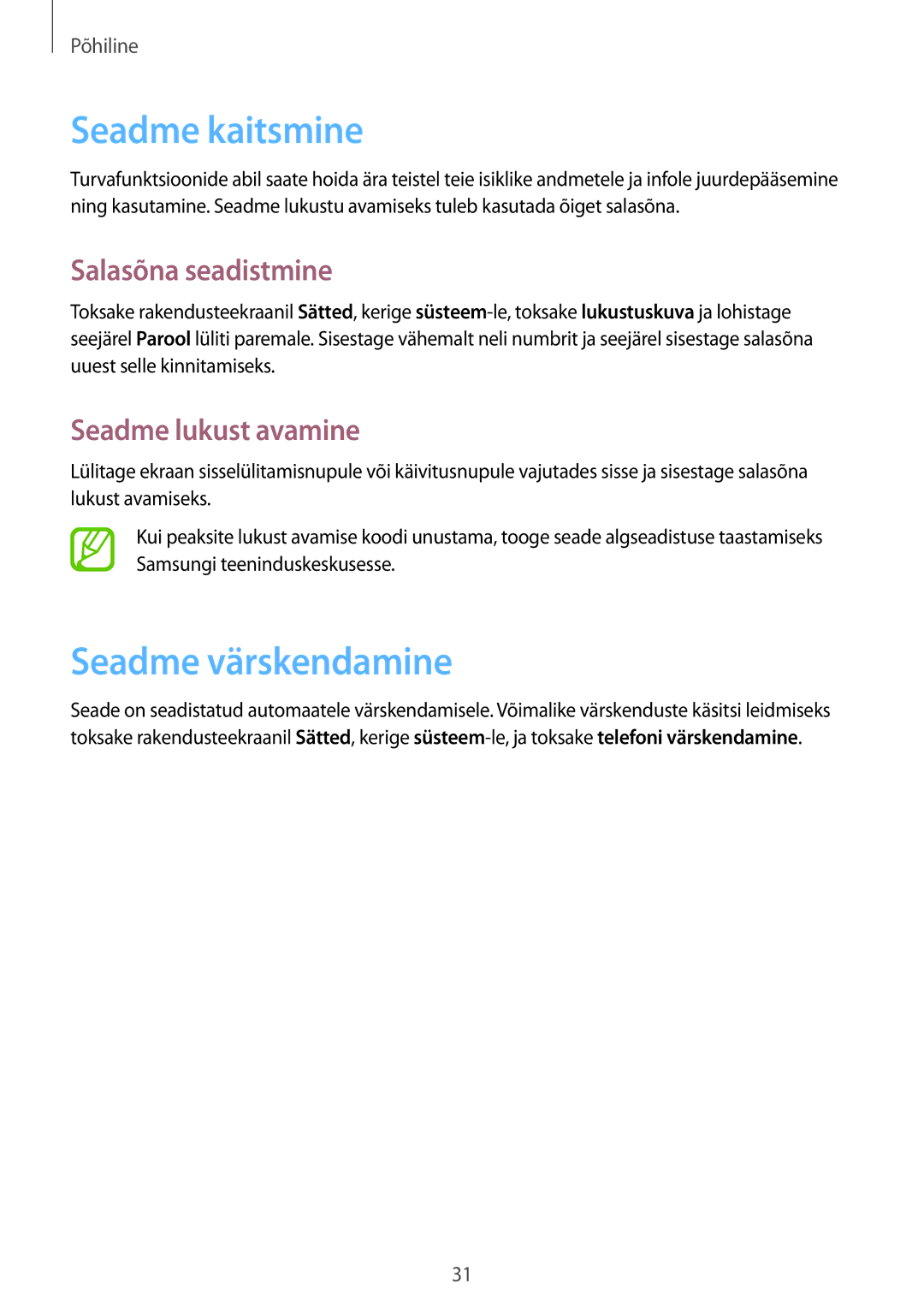 Samsung GT-I8750ALASEB manual Seadme kaitsmine, Seadme värskendamine, Salasõna seadistmine, Seadme lukust avamine 