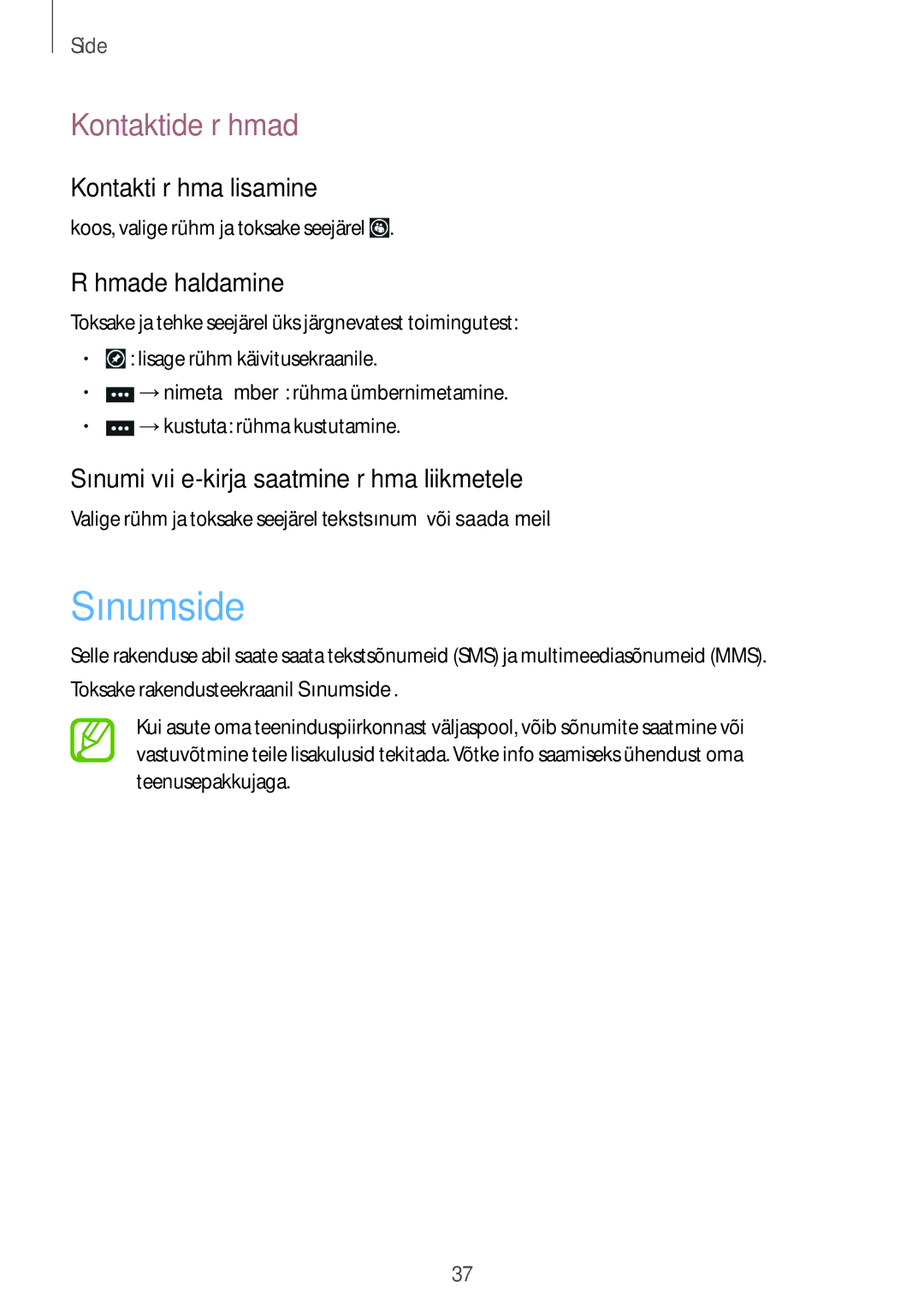 Samsung GT-I8750ALASEB manual Sõnumside, Kontaktide rühmad, Kontakti rühma lisamine, Rühmade haldamine 