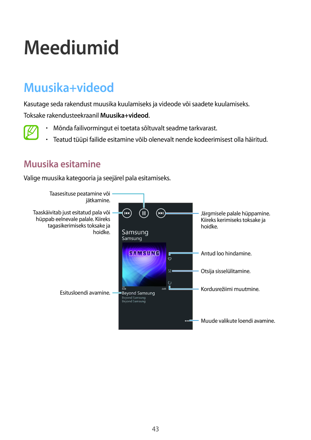 Samsung GT-I8750ALASEB manual Meediumid, Muusika+videod, Muusika esitamine 