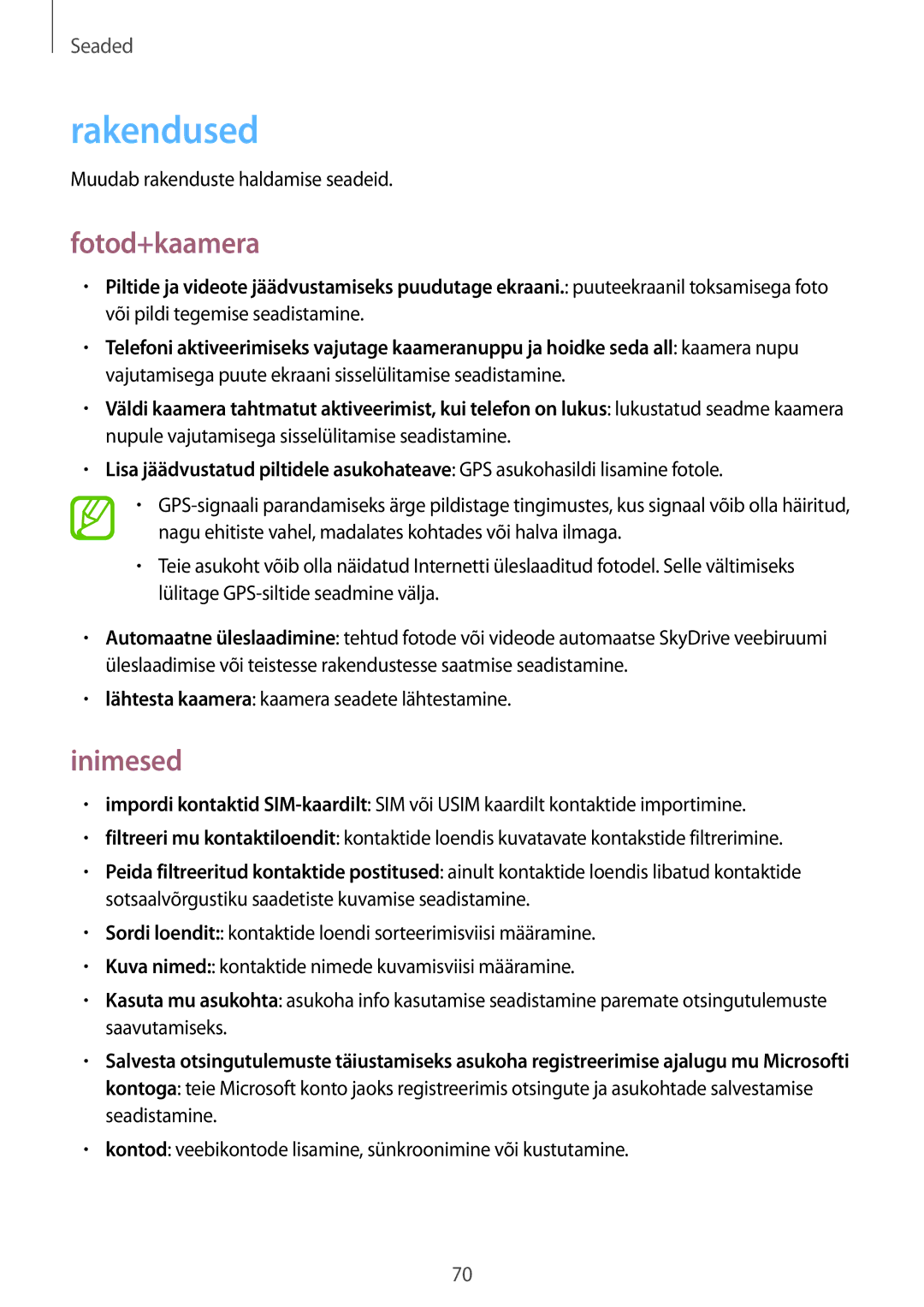 Samsung GT-I8750ALASEB manual Rakendused, Fotod+kaamera, Inimesed 