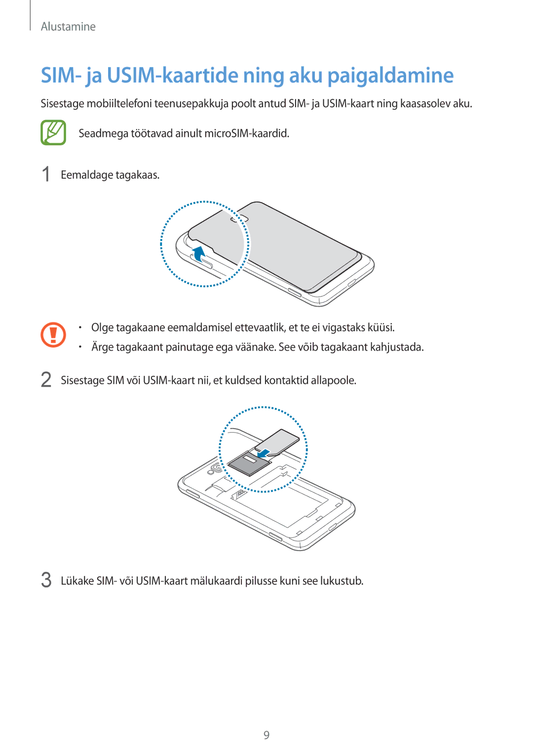 Samsung GT-I8750ALASEB manual SIM- ja USIM-kaartide ning aku paigaldamine 