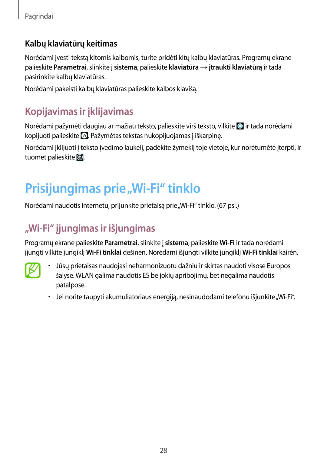 Samsung GT-I8750ALASEB manual Prisijungimas prie„Wi-Fi tinklo, Kopijavimas ir įklijavimas, „Wi-Fi įjungimas ir išjungimas 