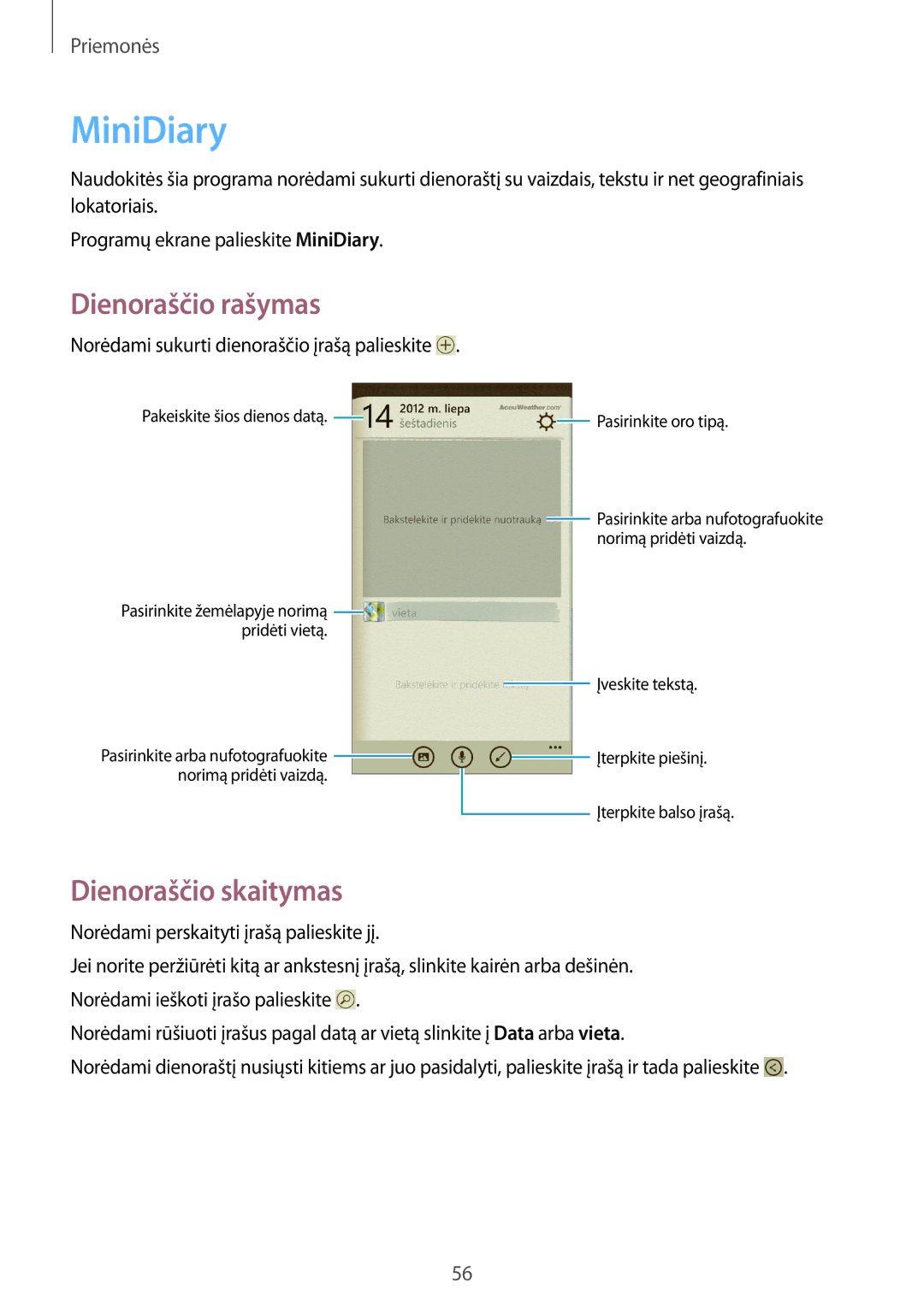 Samsung GT-I8750ALASEB manual MiniDiary, Dienoraščio rašymas, Dienoraščio skaitymas 