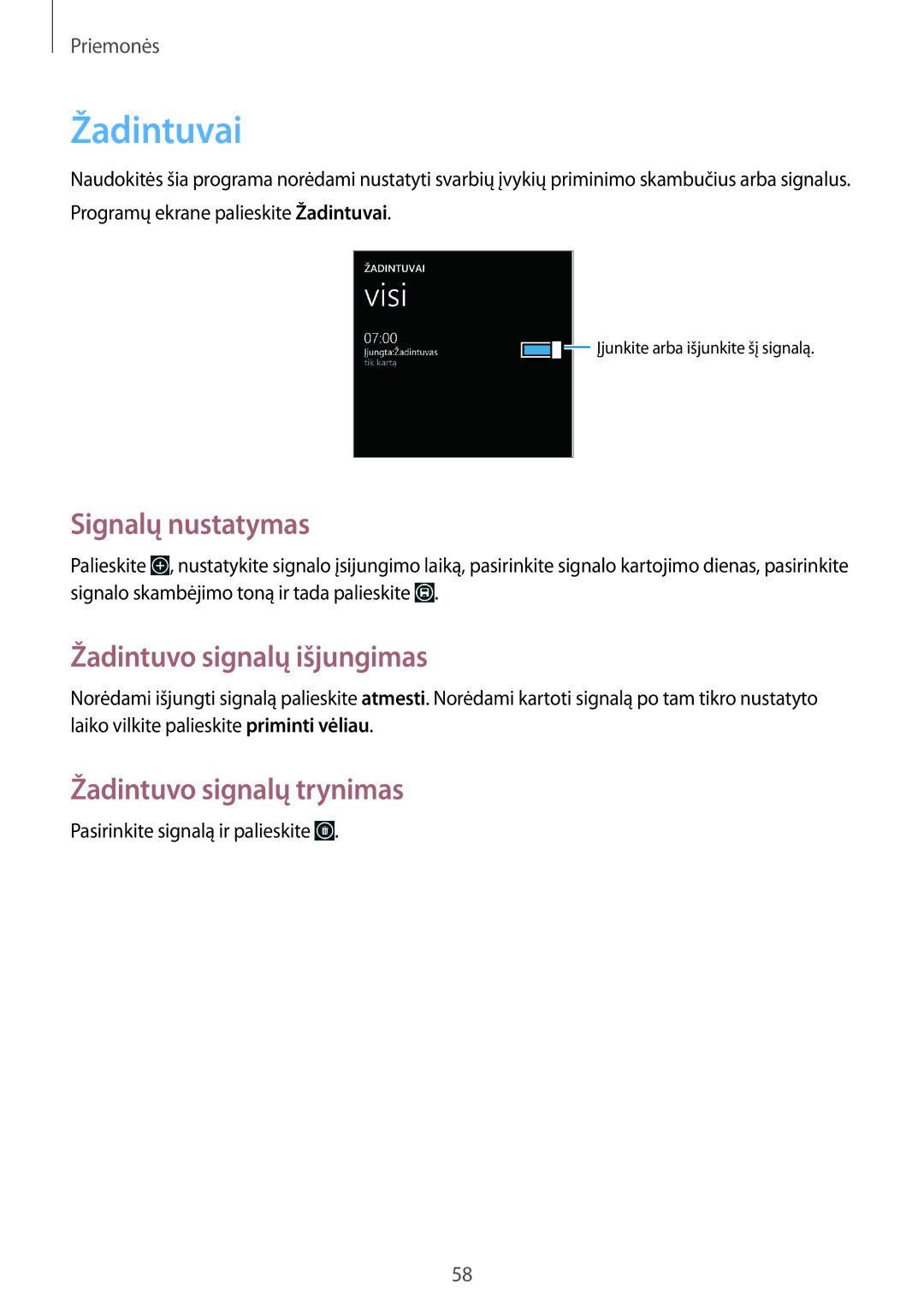 Samsung GT-I8750ALASEB manual Žadintuvai, Signalų nustatymas, Žadintuvo signalų išjungimas, Žadintuvo signalų trynimas 