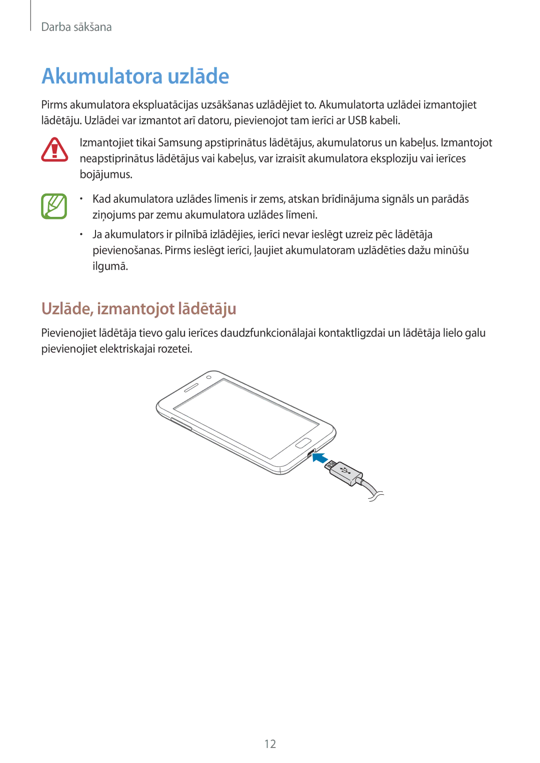 Samsung GT-I8750ALASEB manual Akumulatora uzlāde, Uzlāde, izmantojot lādētāju 