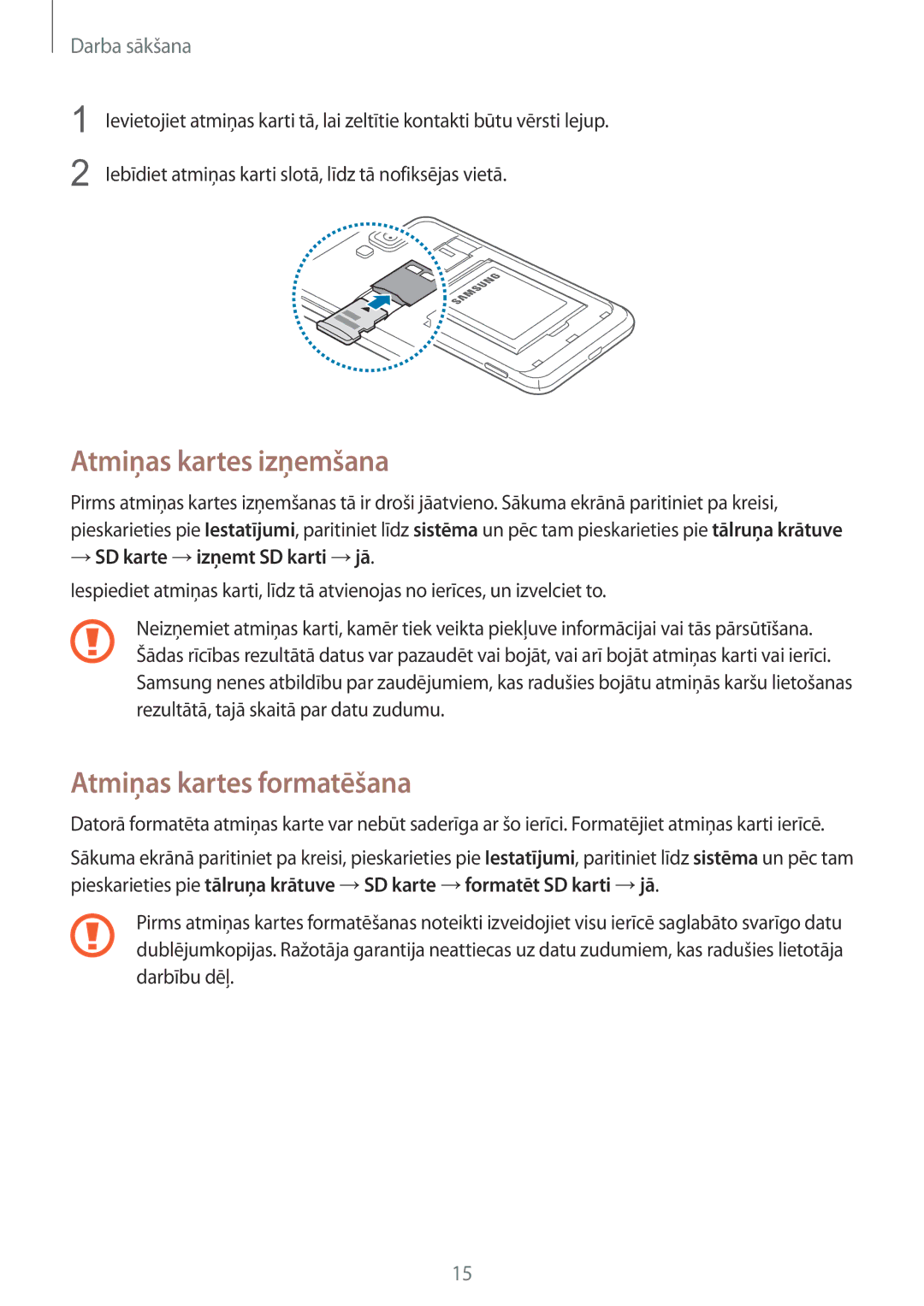 Samsung GT-I8750ALASEB manual Atmiņas kartes izņemšana, Atmiņas kartes formatēšana 